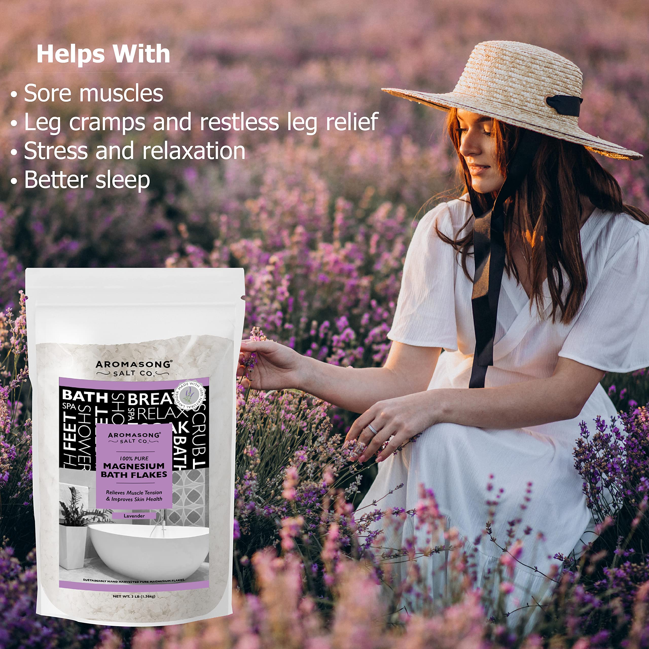 Aromasong Magnesium Flakes from The Dead Sea, 12 LB Resealable Pack with 3 LB Magnesium Flakes with 100% Natural Lavender for Leg Discomfort, Stress and Headaches