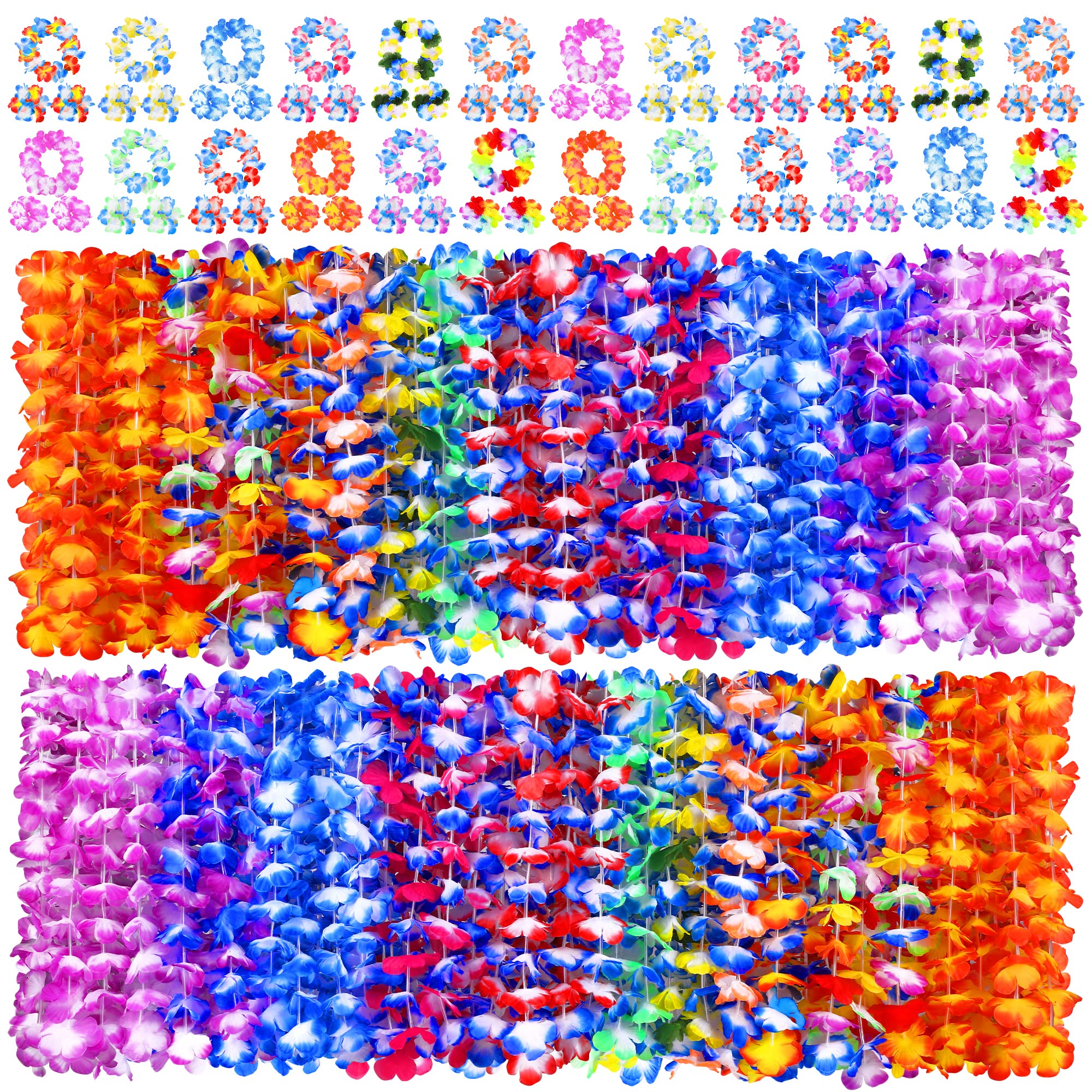 Grehge aiian Leis for Adults Assorted Styles 72 Hawaiian Flower Necklace 36 Leis Headband 72 Wristbands for Luau Party Decorations Hawaiian Party Supplies