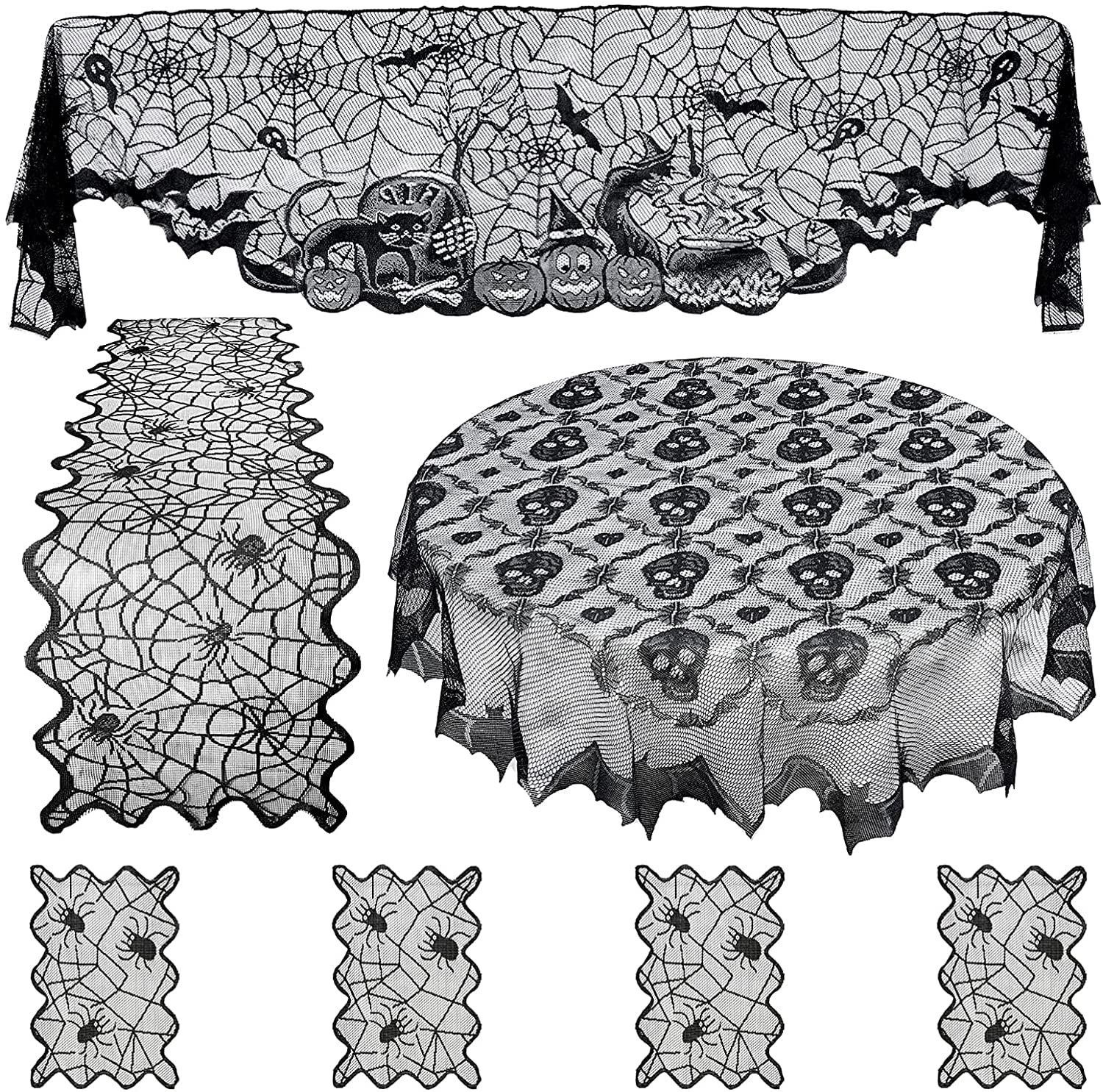 HIPIHOM 7Pcs Halloween Lace Tablecloth Set Spiderweb Fireplace Mantle Scarf Round Table Runner Placemats for Halloween Party Supply