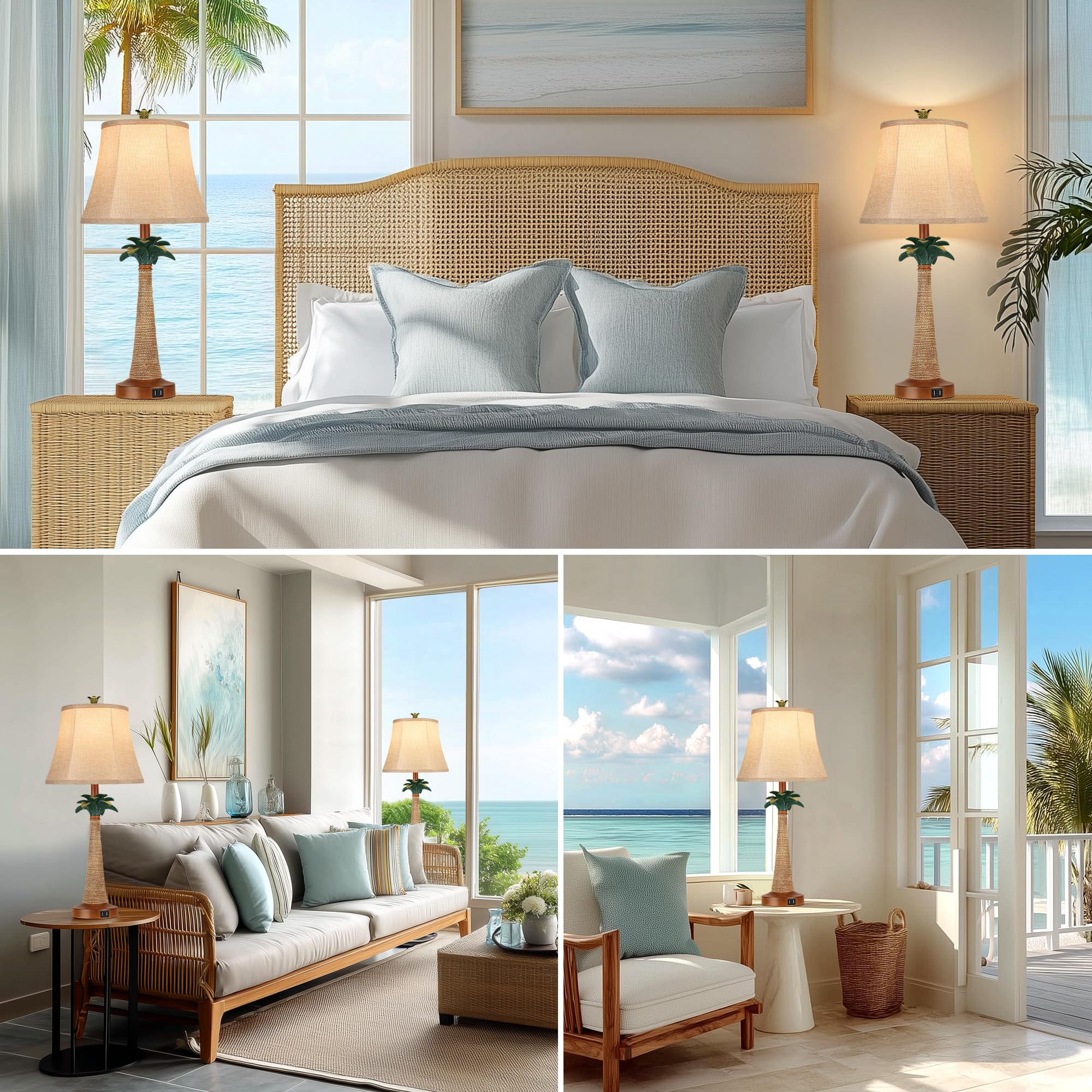 Set of 2 Coastal Palm Tree Table Lamps with 2 USB Ports for Living Room Beach Nautical Bedside Lamps for Bedroom Tropical Nightstand Lamps for Home Decor