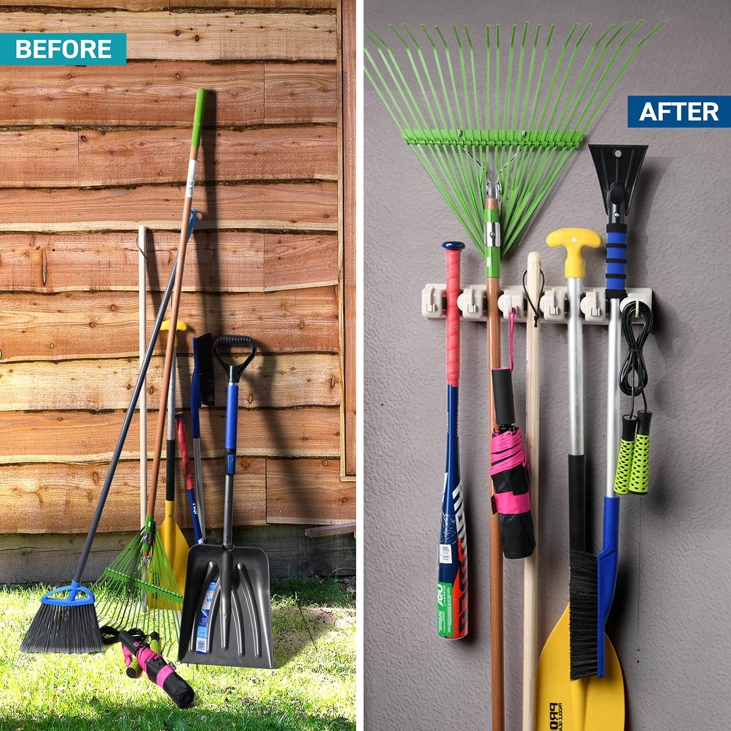 HOME IT Mop And Broom Holder Wall Mount - Garage Storage Systems with 5 Slots, 6 Hooks, 7.5lbs Capacity Per Slot - Garden Tool Organizer For Home, Kitchen, Closet, Garage, Laundry Room - Off-White