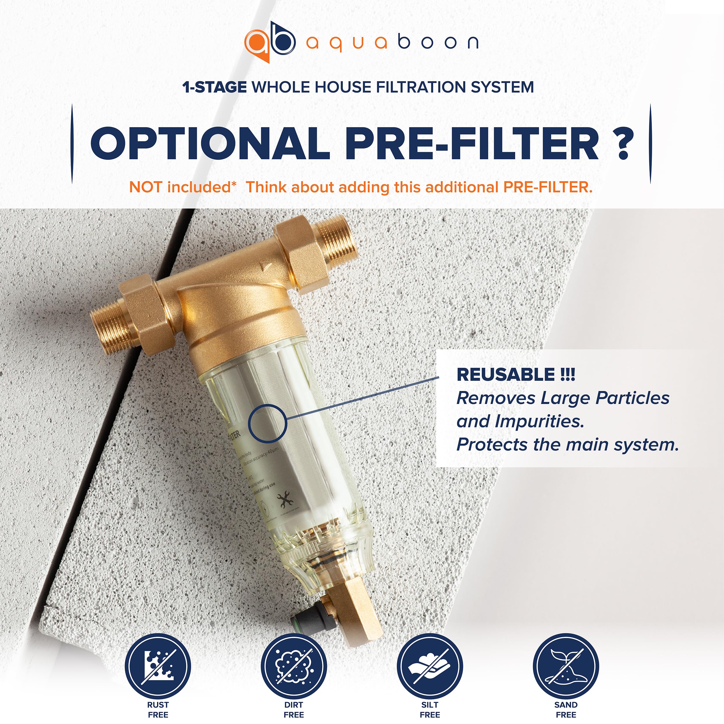 Aquaboon 3-Stage Whole House Water Filter System with 20x4.5 CTO & Sediment Filters, Against Sediment & Chlorine | w/Wrench, Bracket, Gauge & Release