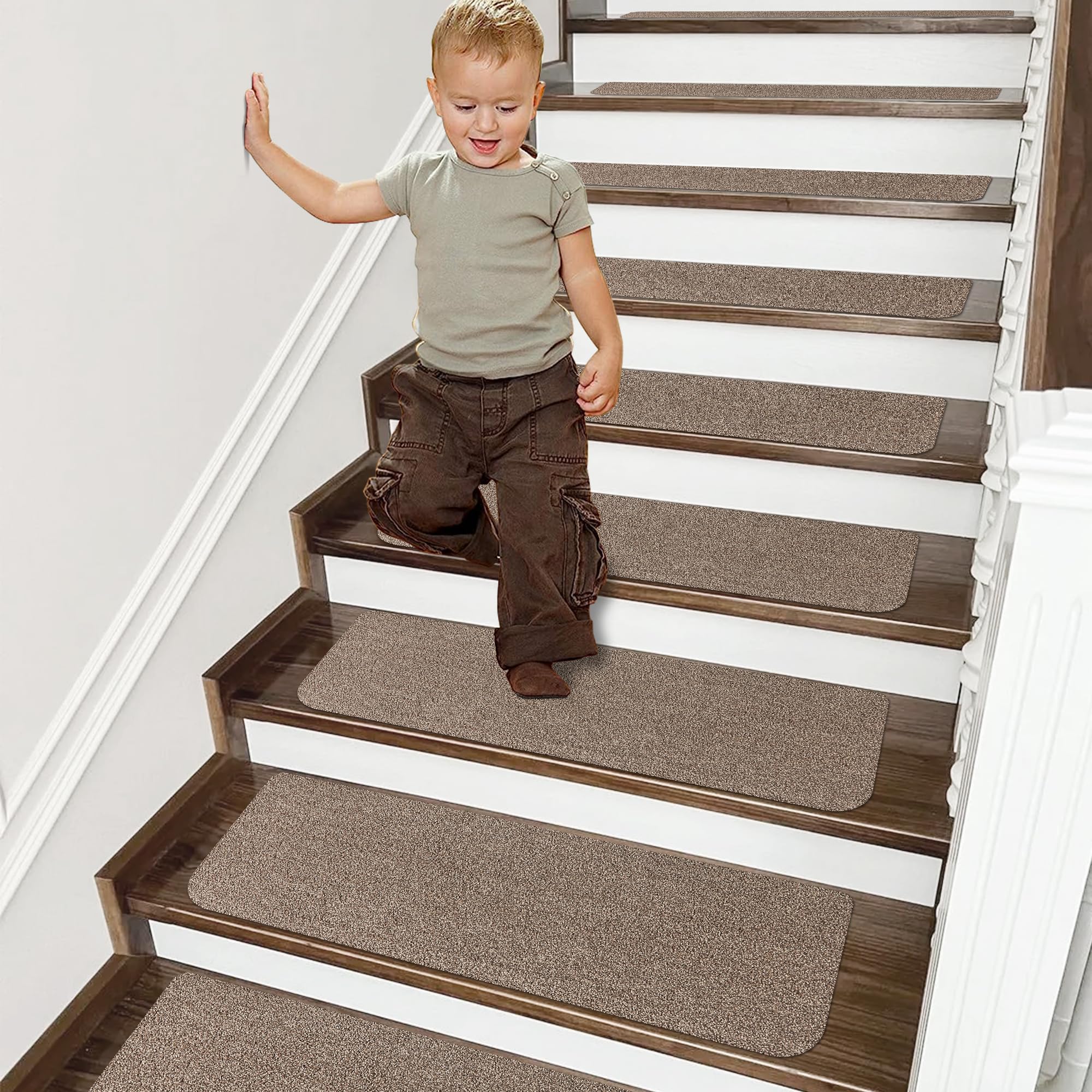 COSY HOMEER Stair Treads Non-Slip 15pcs Carpet Mat 28inX9in Indoor Stair Runners for Wooden Steps, Stair Rugs for Kids and Dogs, 100% Polyester TPE Backing Beige,Protect Floor