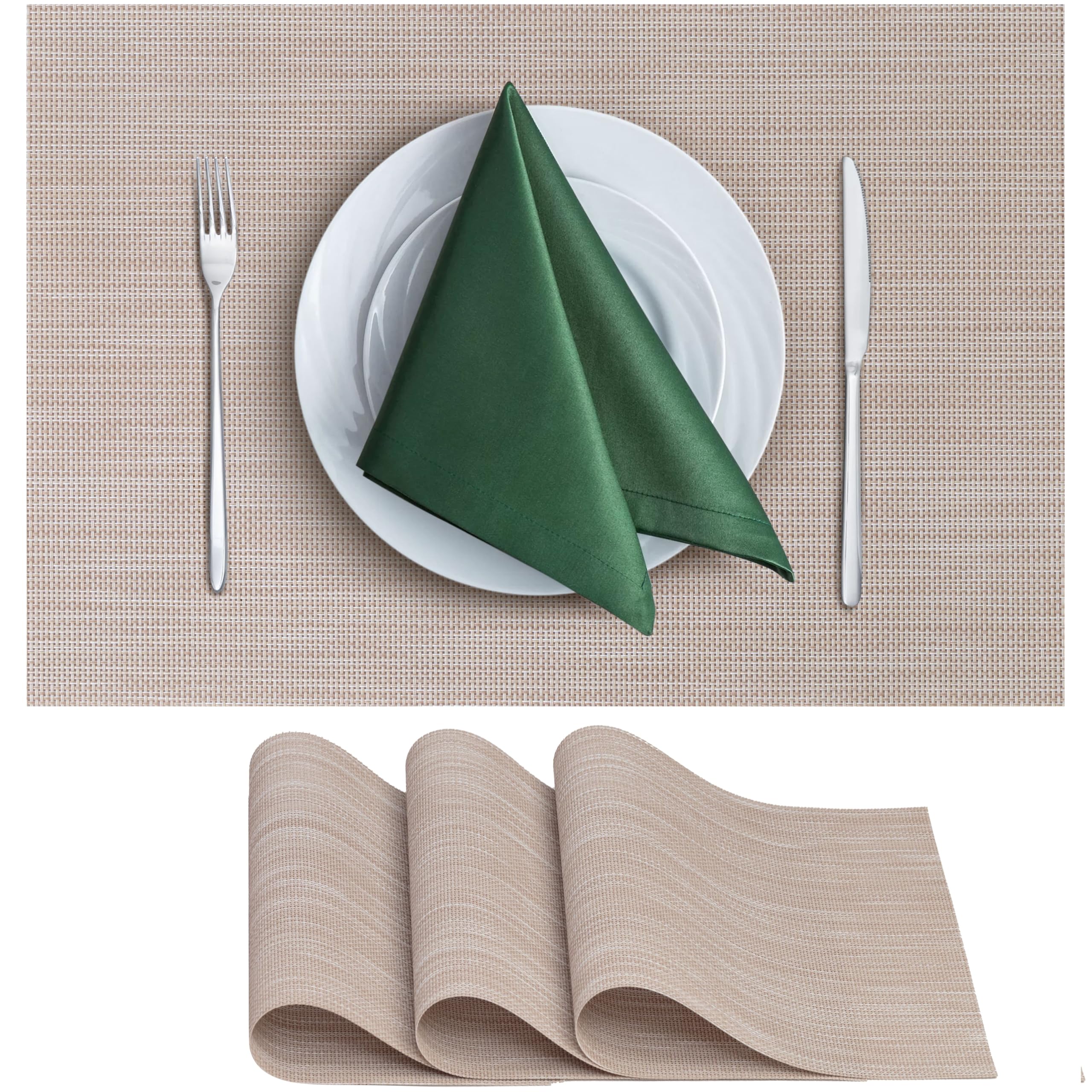 CraftyCrocodile Vinyl Placemats Set of 4 - Heat Resistant, Wipeable, Classic - Indoor & Outdoor Wipeable Place Mats for Dining Table – Durable Table Mats, 12 x 18 Inch, Beige