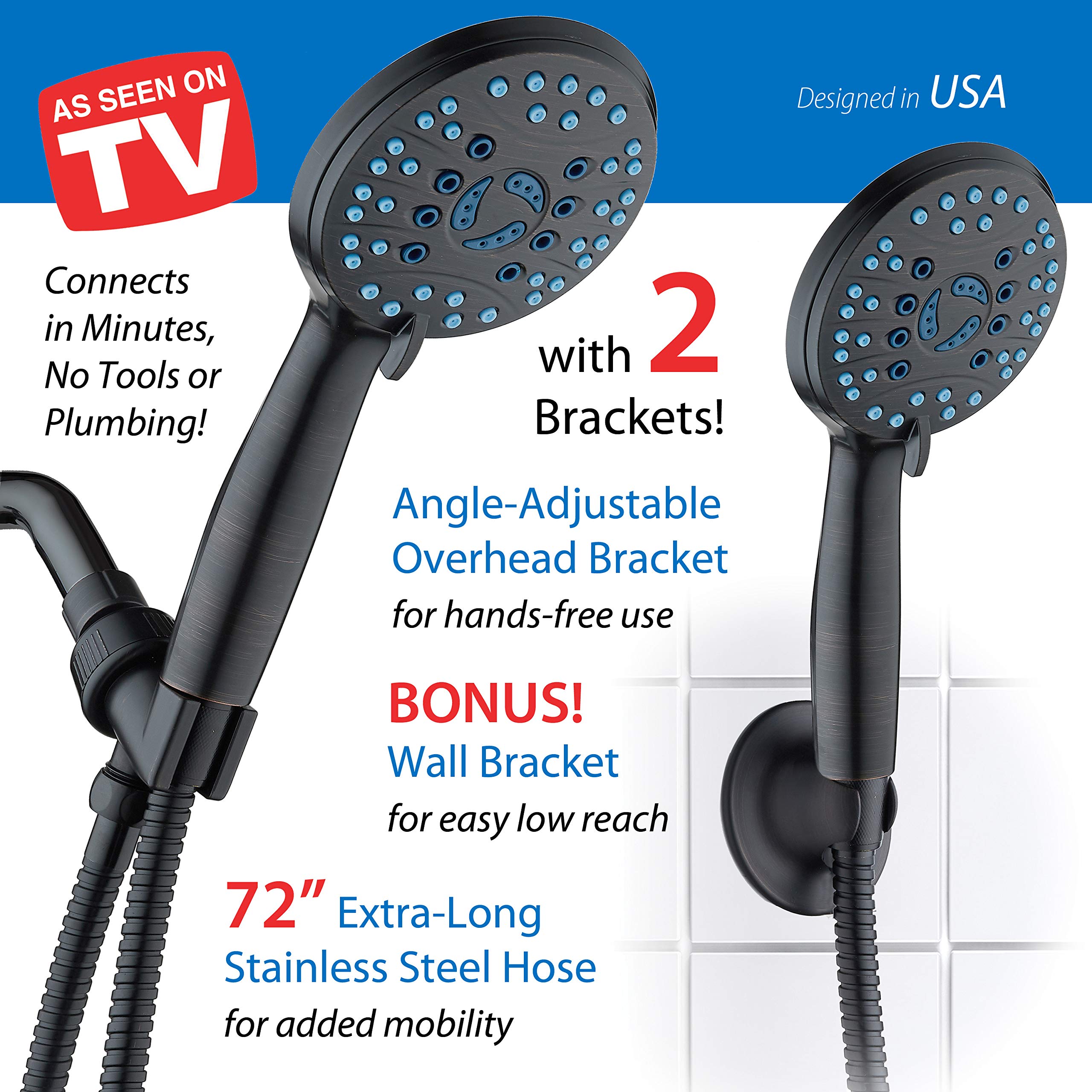 AquaCare High Pressure 8-mode Handheld Shower Head - Anti-clog Nozzles, Built-in Power Wash to Clean Tub, Tile & Pets, Extra Long 6 ft. Stainless Steel Hose, Wall & Overhead Brackets