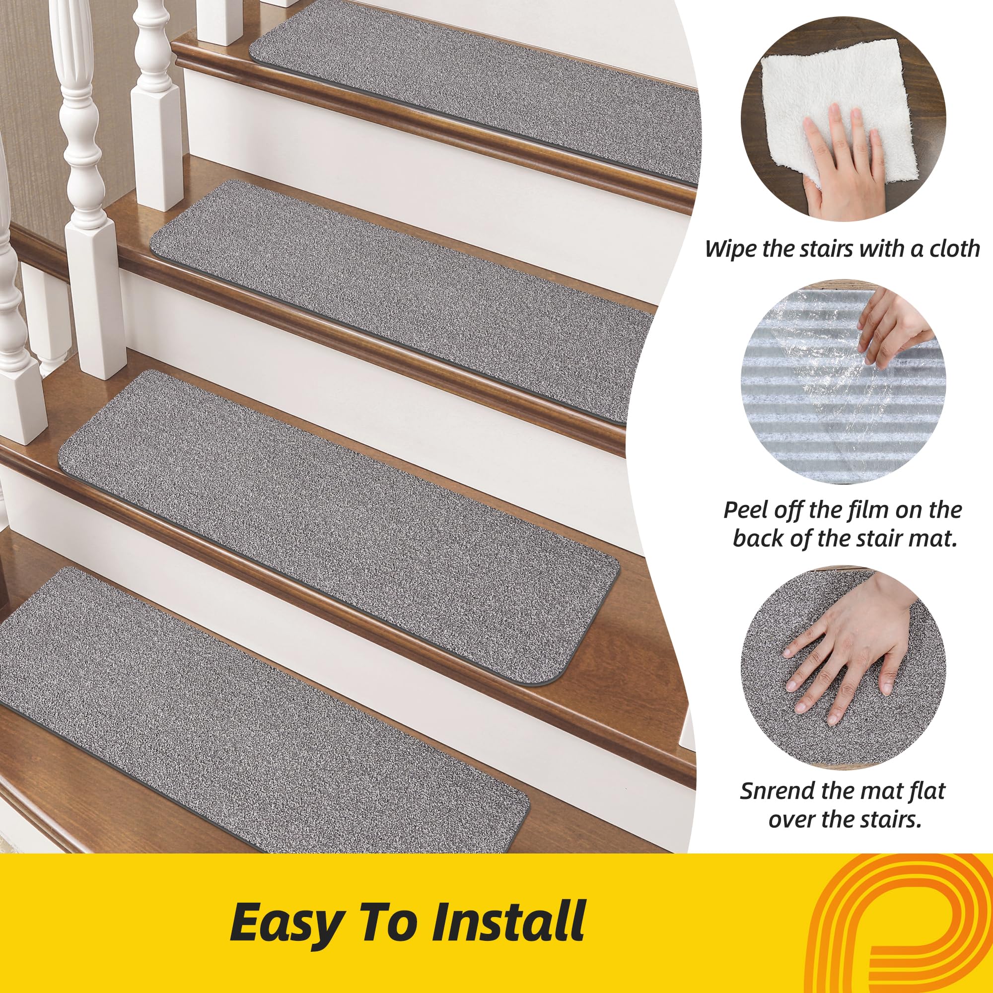 Non-Slip Stair Treads for Wooden Steps Indoor, 15 Pack 9" X 28" Stair Carpet Mats with TPE Backing for Kids Elders and Dogs, 0.3" Thick 100% Polyester Soft Stair Runner Rug, Light Grey