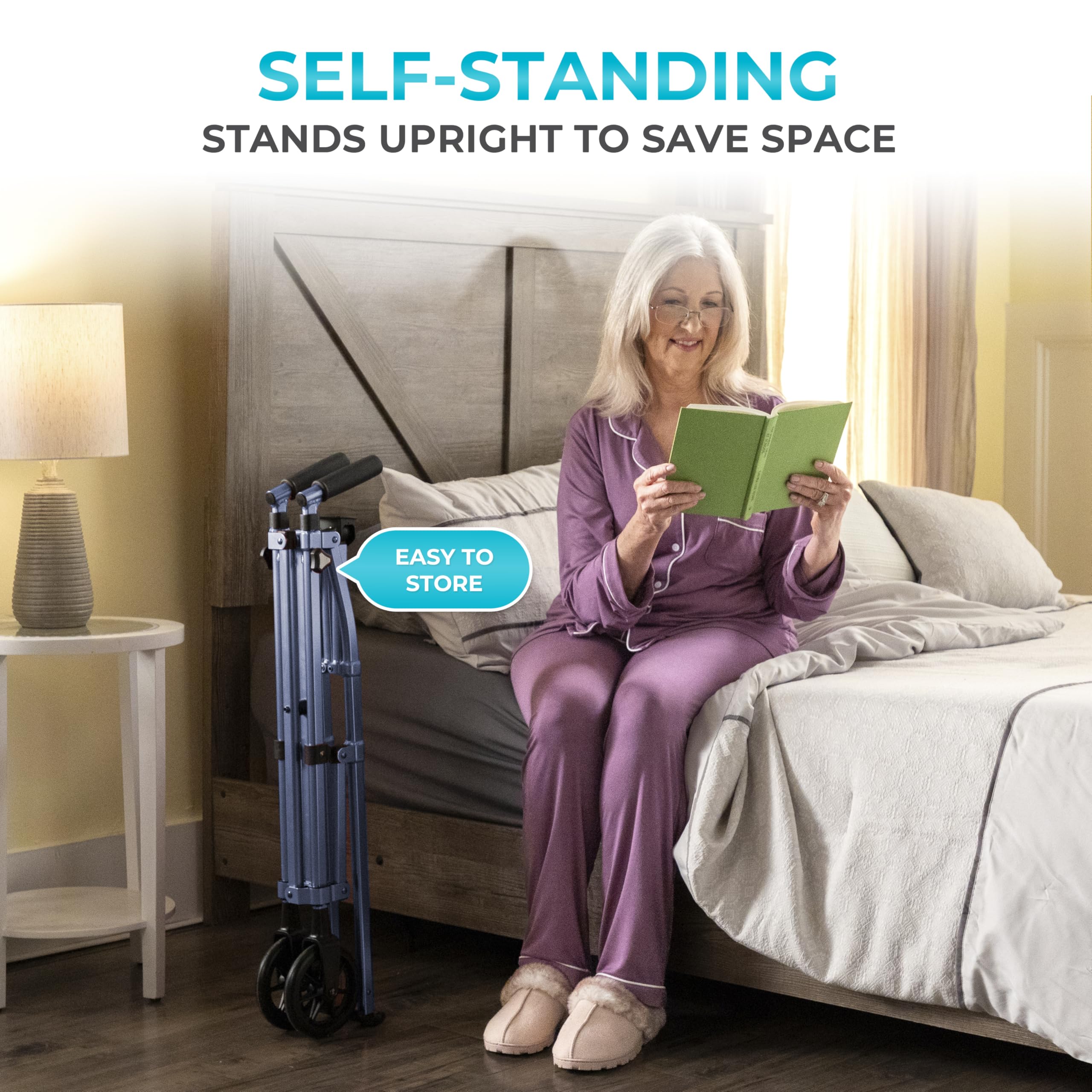 Stander Space Saver Walker, Lightweight Folding Rolling Mobility Aid for Seniors & Adults, Compact 2-Wheel Disability Device with 6-inch Wheels & Ski Glides for Walking Support, Cobalt Blue