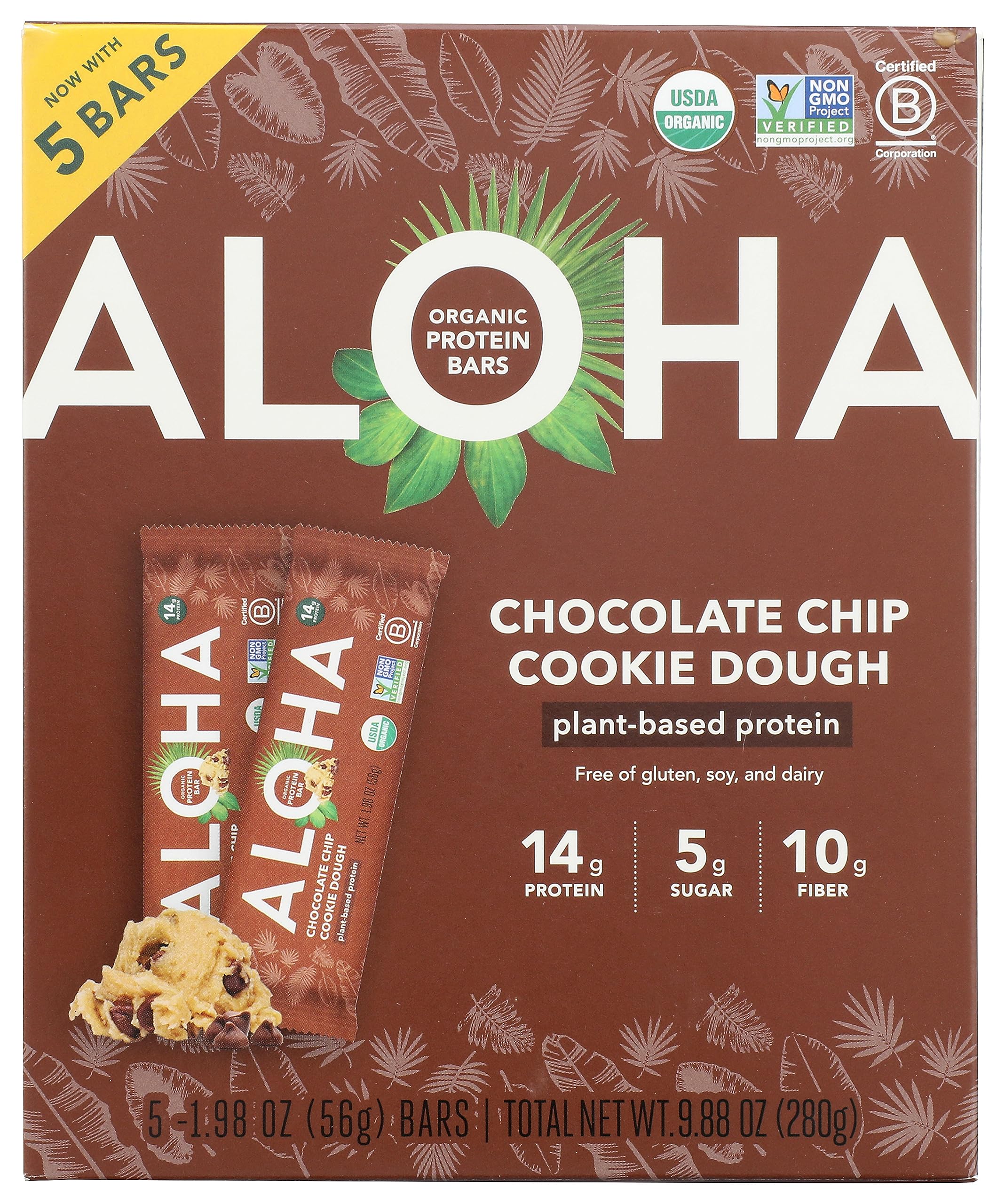 ALOHA Organic Plant Based Protein Bars, Chocolate Chip Cookie Dough, 1.98-Ounce Bars, (Pack of 5)