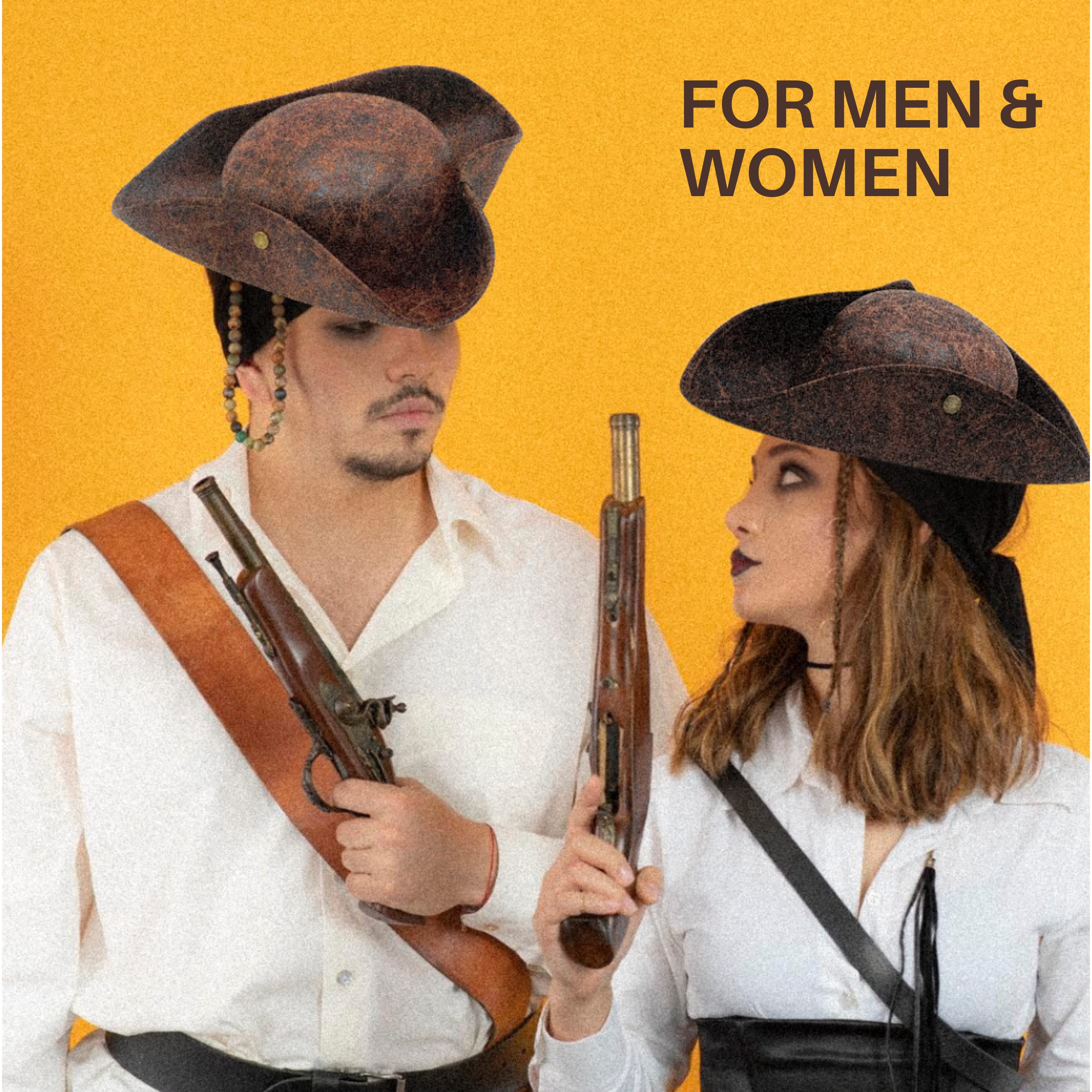 4E's Novelty Brown Faux Leather Pirate Hat for Adult Men Women Tricorn Hat for Halloween Pirate Costume Accessories