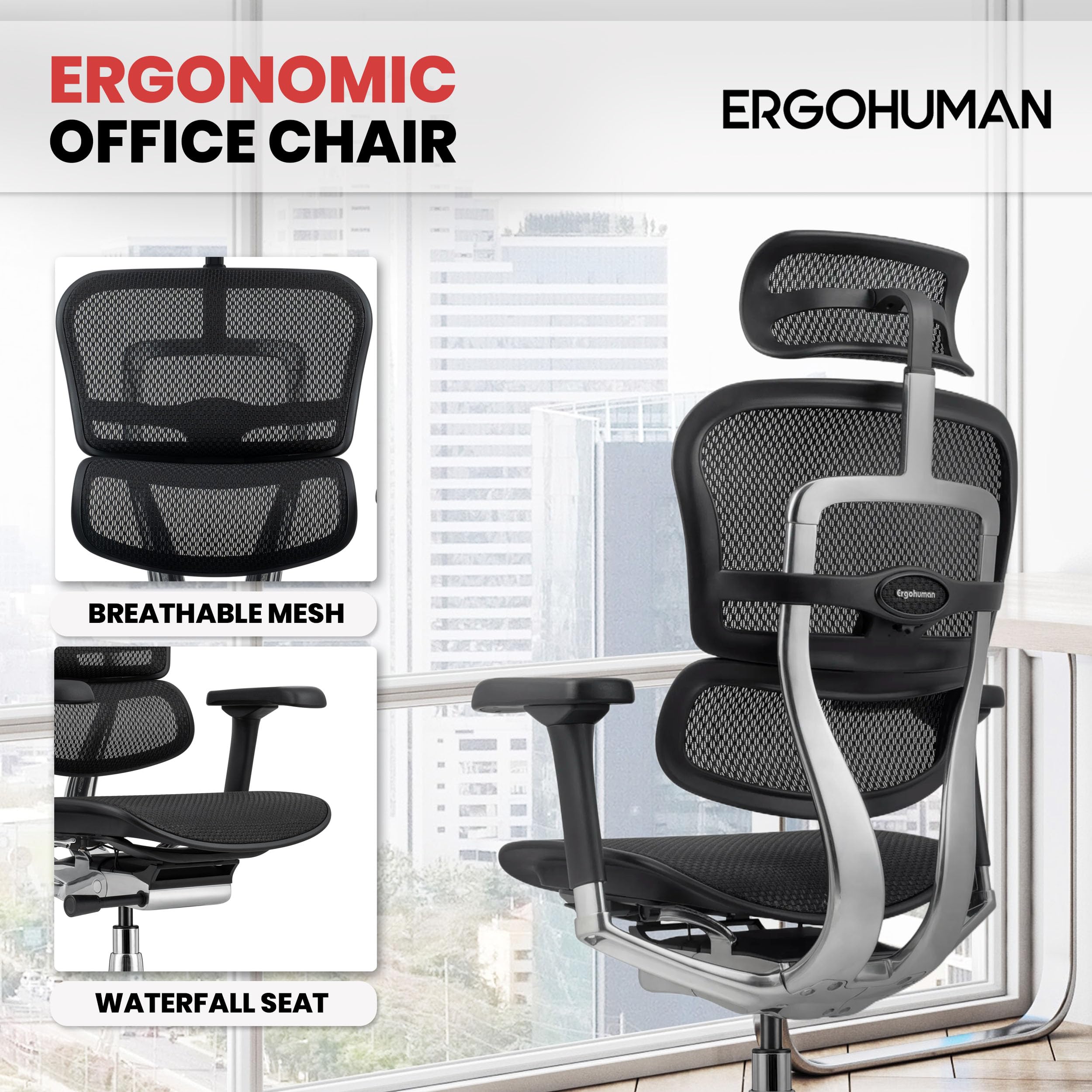 Ergohuman Eurotech GEN2 – High Back Black Mesh Office Chair with Adjustable and Flexible Lumbar Support – Headrest, Seat Slider, Armrests, and Height Adjustment