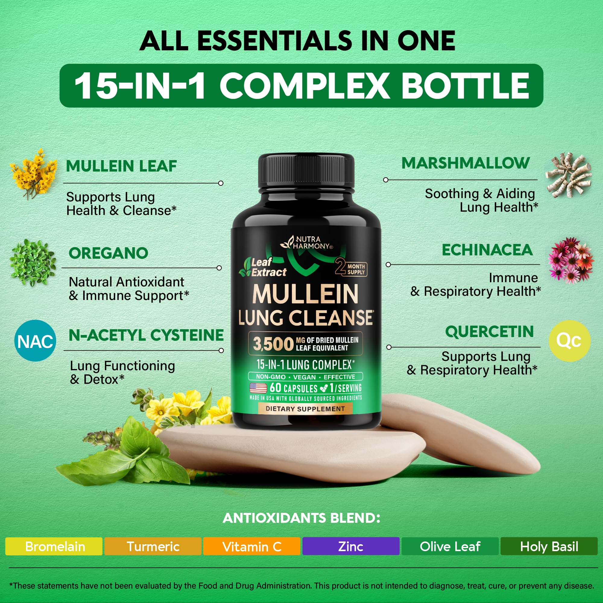 Mullein Leaf Extract for Lung Detox - Marshmallow Root | Echinacea | Oregano | Quercetin | NAC - 15-in-1 Lung Support & Cleanse for Smokers Supplement - Made in USA - As Drops, Tincture - 60 Capsules