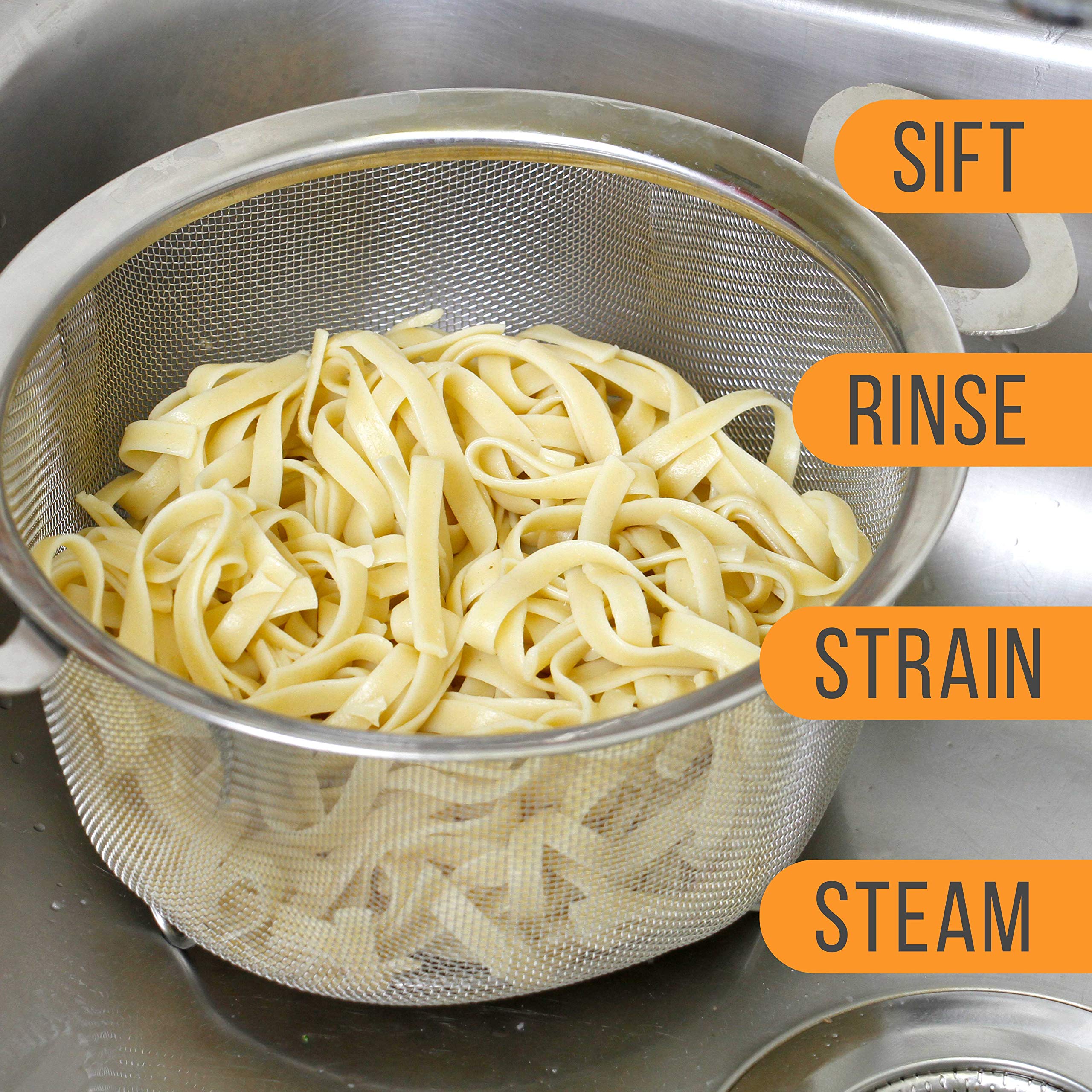 U.S. Kitchen Supply 3 Quart Stainless Steel Mesh Net Strainer Basket with a Wide Rim, Resting Feet and Handles - Colander to Strain, Rinse, Fry, Steam or Cook Vegetables & Pasta