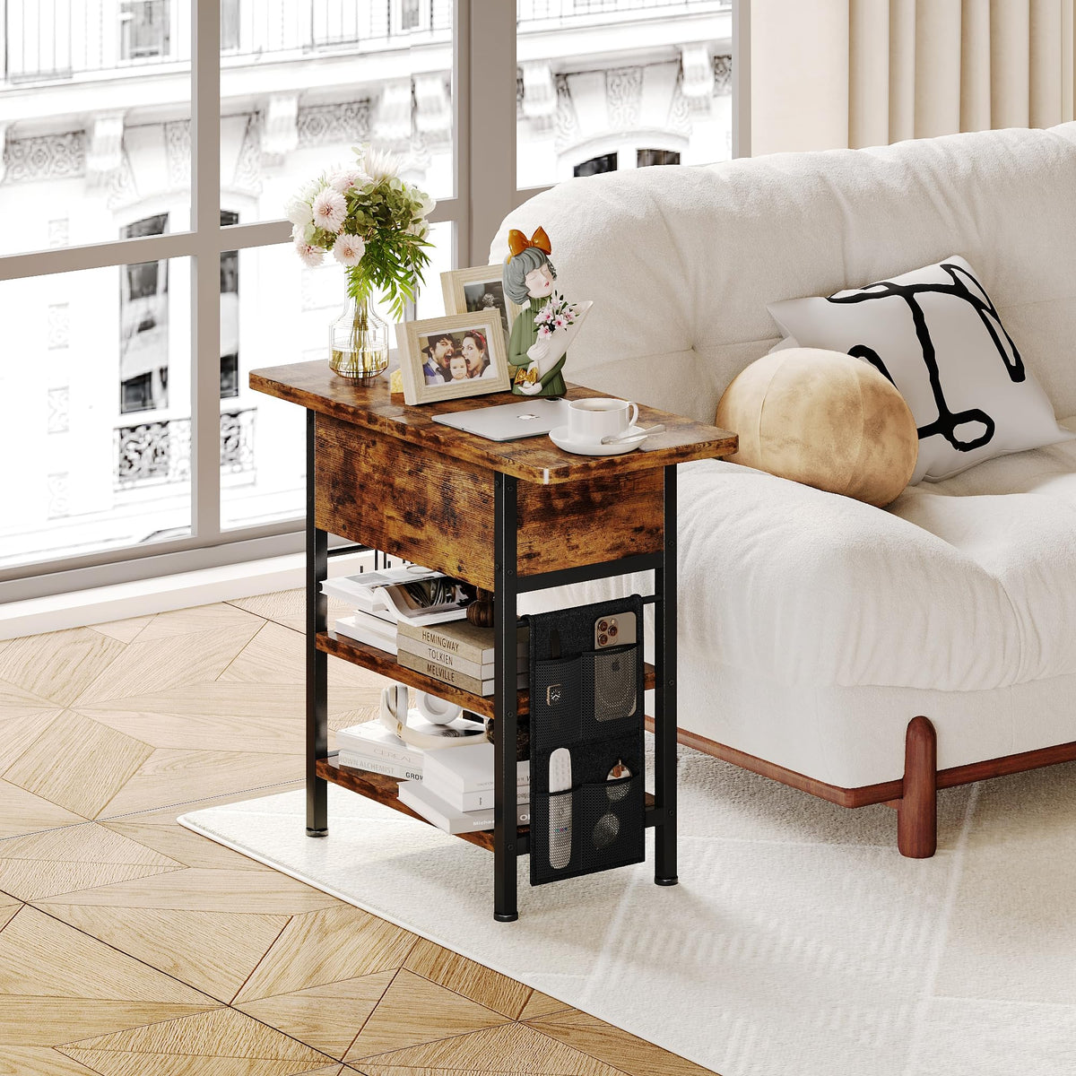 End Table with Charging Station, Sofa Couch Table with Farbic Bag and Side Hooks, Flip Top Side Table with USB Ports and Outlets, Narrow Nightstand for Living Room Bedroom, Space Saving (Rustic Brown)