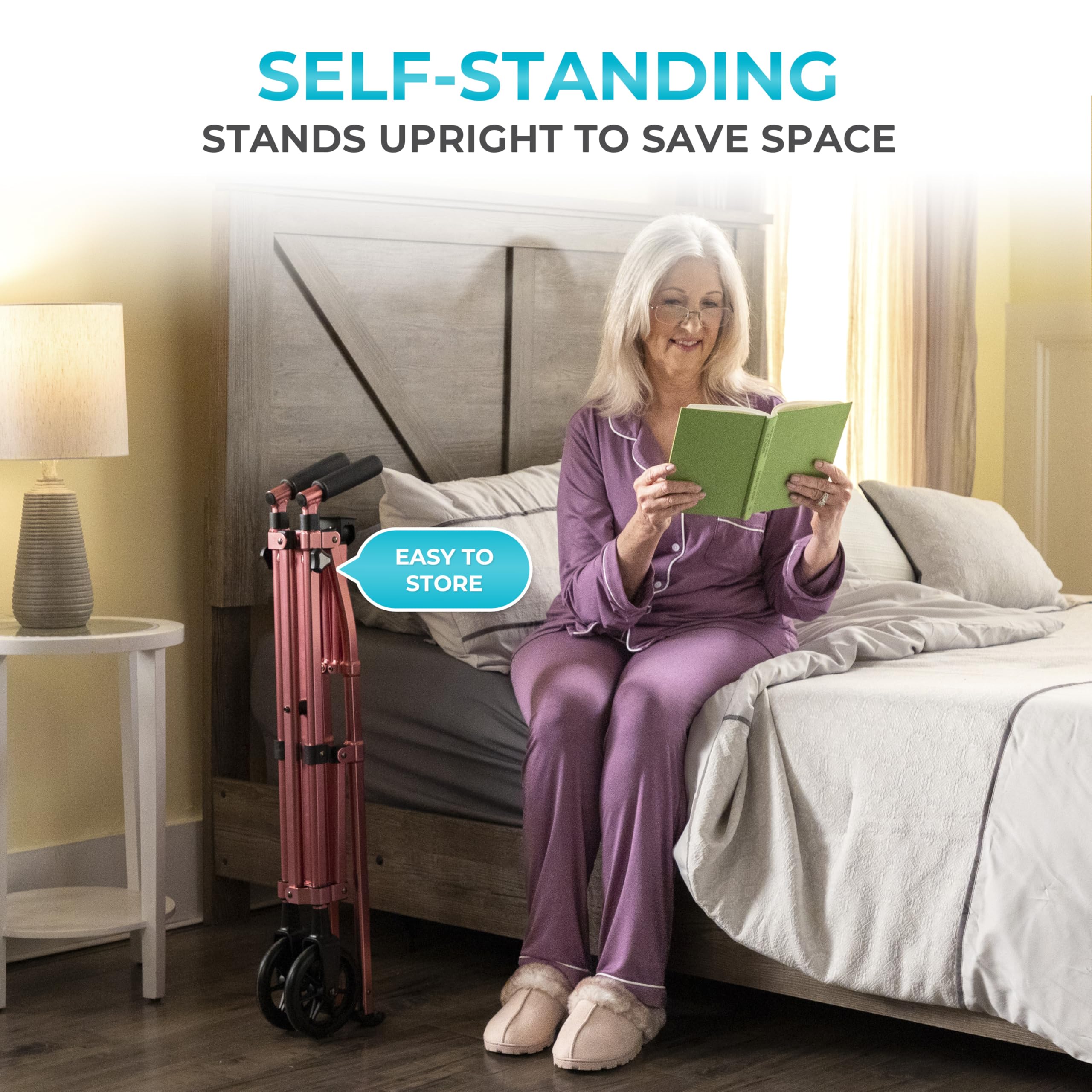 Stander Space Saver Walker, Lightweight Folding Rolling Mobility Aid for Seniors & Adults, Compact 2-Wheel Disability Device with 6-inch Wheels & Ski Glides for Walking Support, Regal Rose