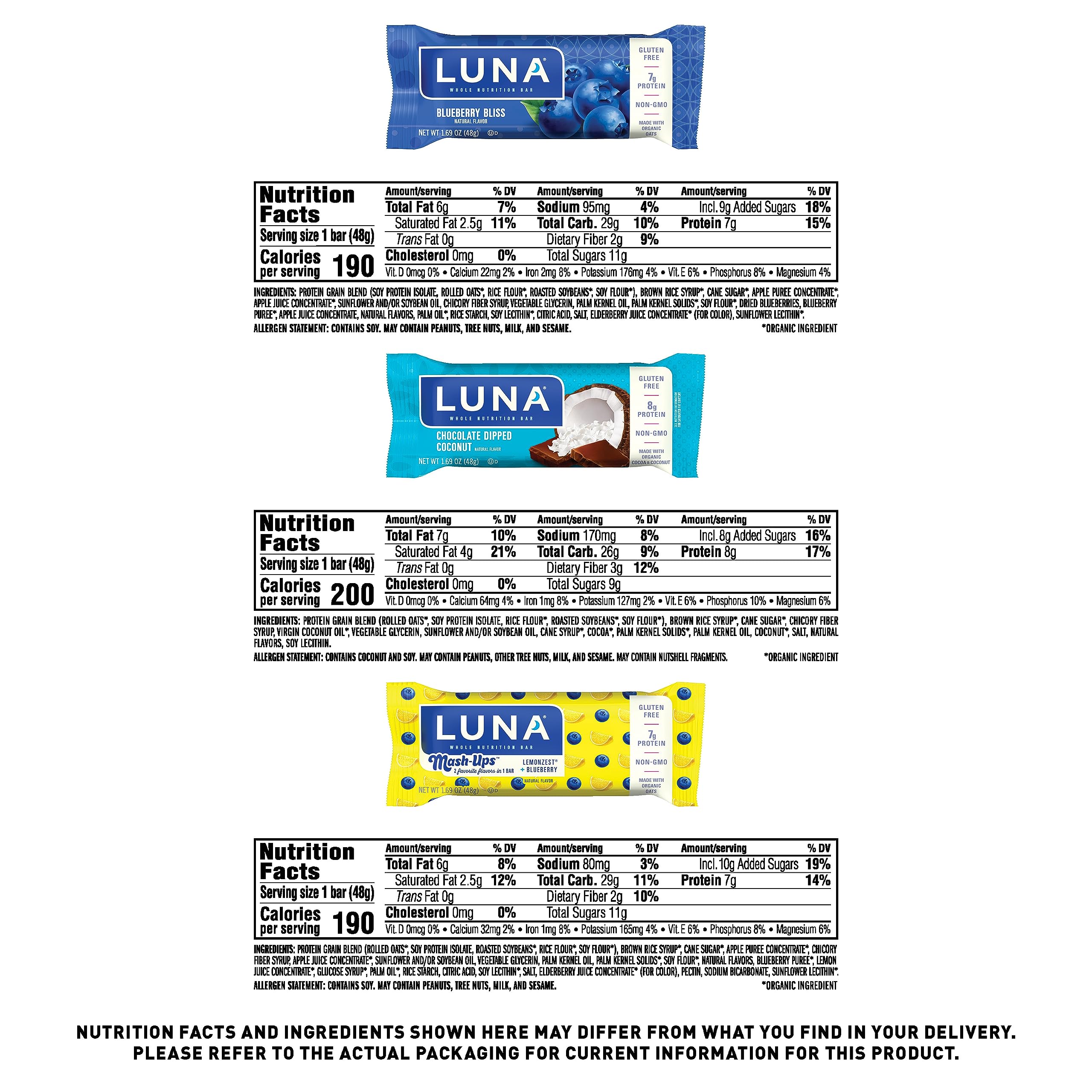 LUNA Bar - Variety Pack - Gluten-Free - Non-GMO - 7-9g Protein - Made with Organic Oats - Low Glycemic - Whole Nutrition Snack Bars - Amazon Exclusive - 1.69 oz. (12 Count)