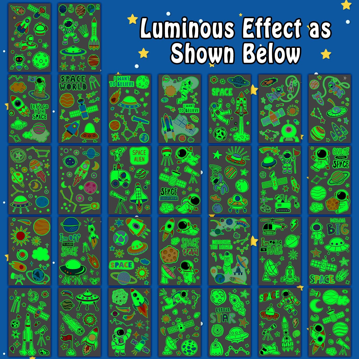 Partywind 290 Styles (30 Sheets) Luminous Space Tattoos for Kids Party Decorations, Glow Outer Space Party Supplies Favors with Astronaut/Rocket/Planet, Kids Games for Glow Party