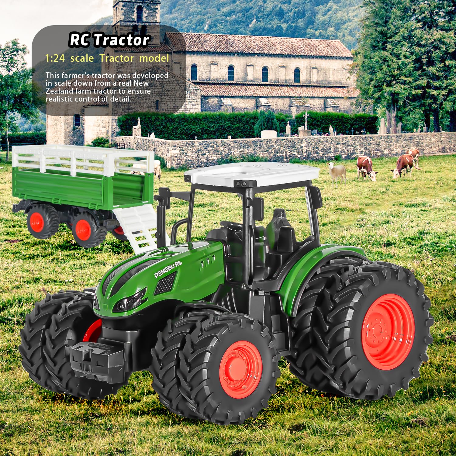 Remote Control Tractor Toy, 2.4 Ghz RC Tractor Toys for Kids 3-5, Toy Tractors Set with Trailer and Light/Loading Arm, Farm Animal Toys Include Cows, Sheep and Hay Bales, Toys for Boys 5-7