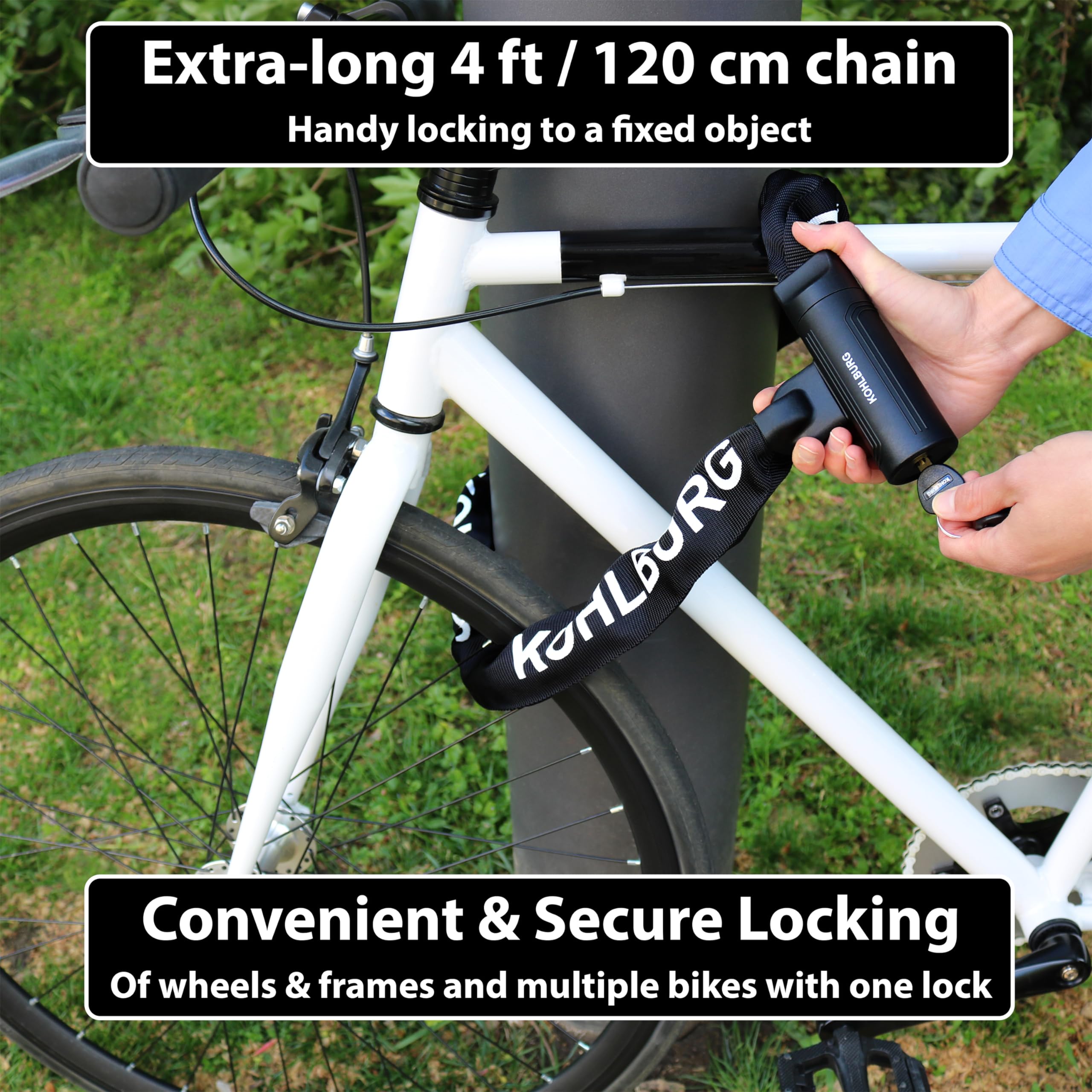 KOHLBURG Security Chain Lock – Sold Secure Gold – 4ft Long Bike Chain Lock with 4 Keys – Heavy Duty Bike Lock 0.33" – Bicycle Lock, Ebike Lock & Motorcycle Chain Lock – Motorbike & Scooter Anti Theft