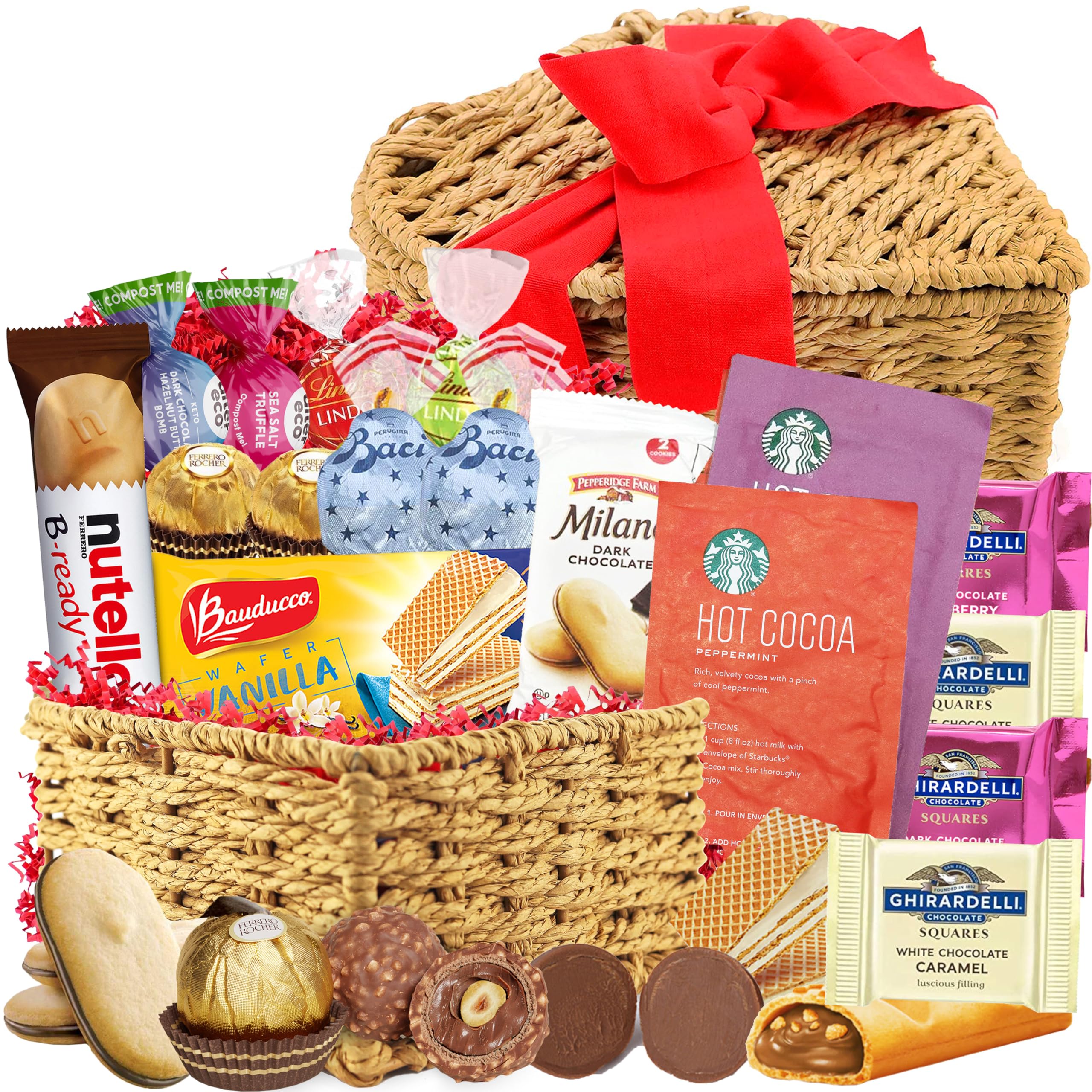 Christmas Heart Shaped Gift Basket Assorted Gourmet Chocolates and Cookies, 2 Hot Cocoa and Unique Heart Shape Basket Gift for Couples Wife Husband Boyfriend Girlfriend