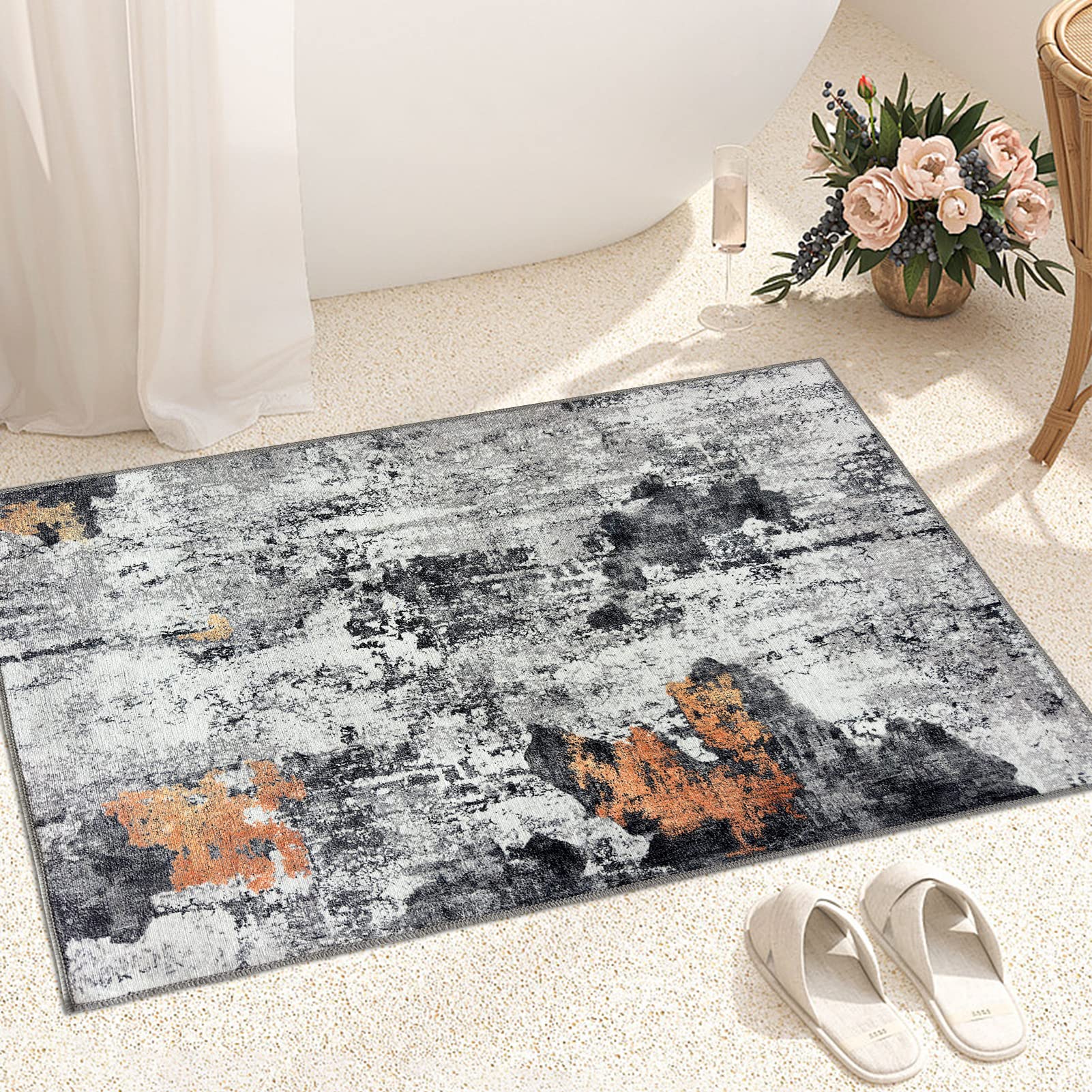 OIGAE Washable Rug 2x3, Abstract Modern Small Entryway Rug Door Mat with Non-Slip Backing, Front Entrance Carpet for Entrance Bedroom Bedside Kitchen Laundry Home Decor, Grey/Yellow