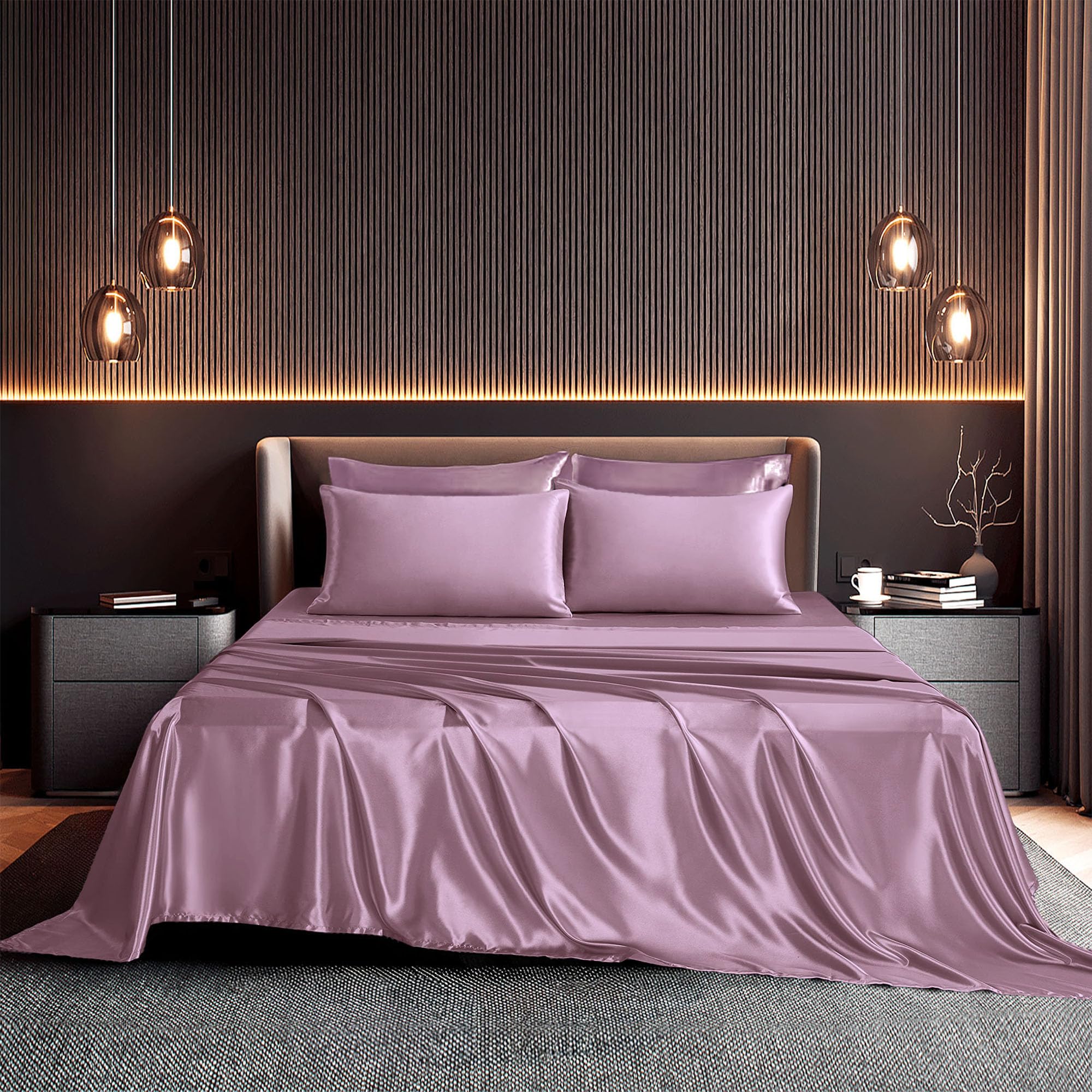 Seasonwood Satin Sheets Set Queen Size 4 Pieces 1800 Microfiber 2 Pillowcase 20''x30'' Red Bean Sand Satin Sheets