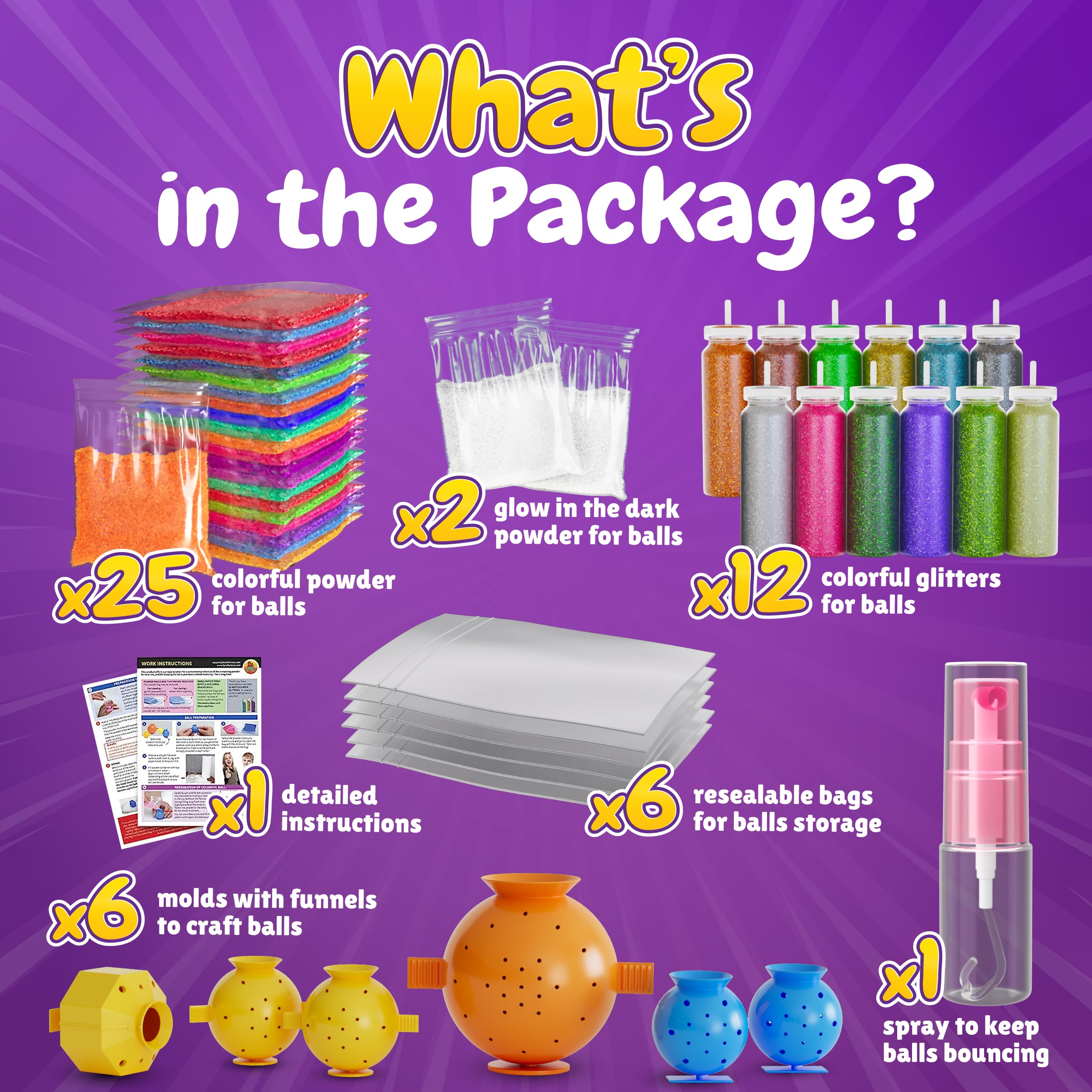 BFB DIY Super Bouncy Balls Kit - Make Your Own Ball Science Kits, Crystal Powder Girls & Boys Crafts Set, Multi-Colored Glow in the Dark DIY Kids Projects - DIY Bouncy Ball Kit Crafts for Boys & Girls