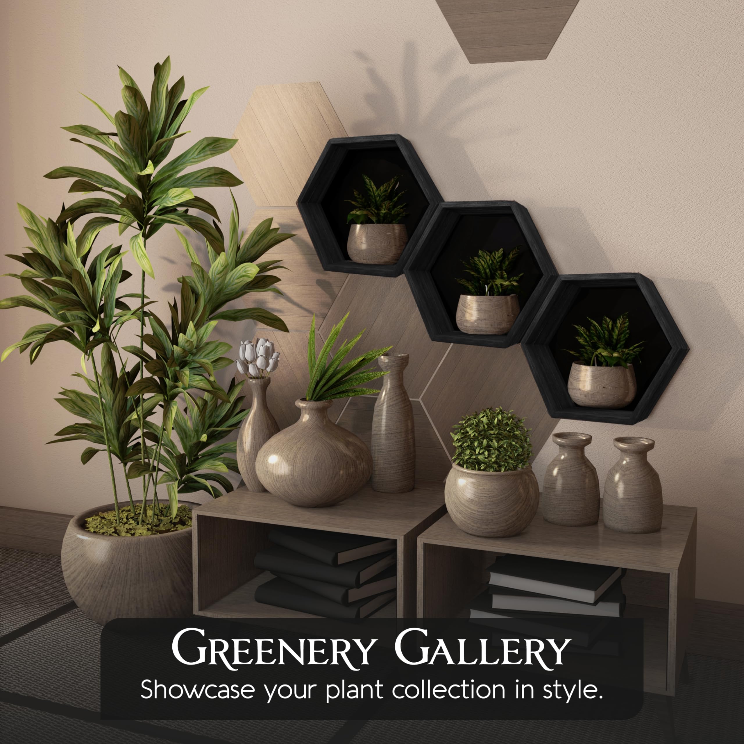 Decovate Hexagon Floating Shelves Set of 6 Honeycomb Shelves for Wall, Wooden Hexagon Shelves for Farmhouse Storage (Carbonized Black)