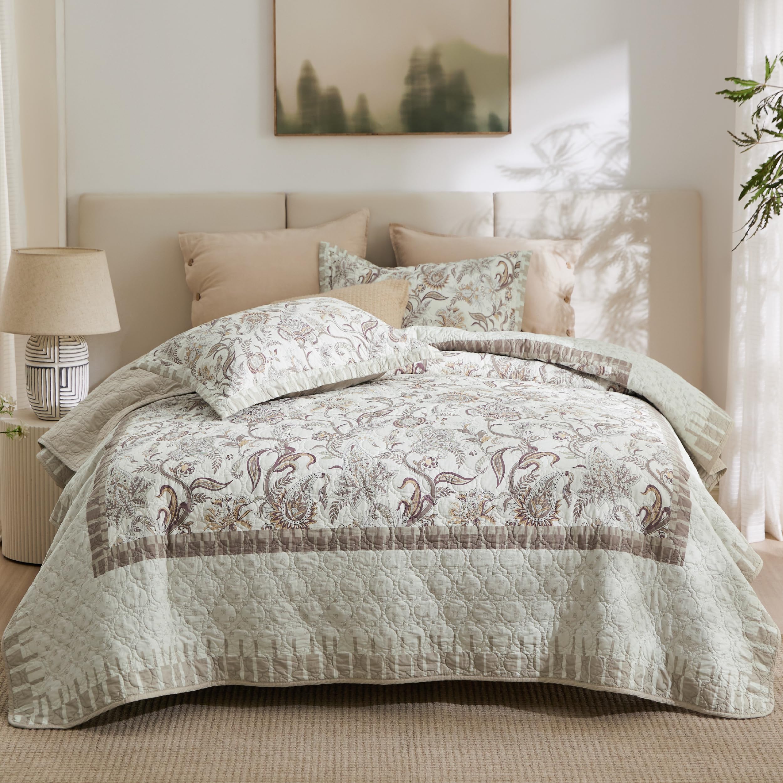 Bedsure Cotton Quilt Set Queen - Paisley Pattern Reversible Quilt Bedding Set, 3 Pieces Microfiber Bedspread, Taupe Floral Coverlet Set with 2 Pillow Shams for All Seasons (90"x96")