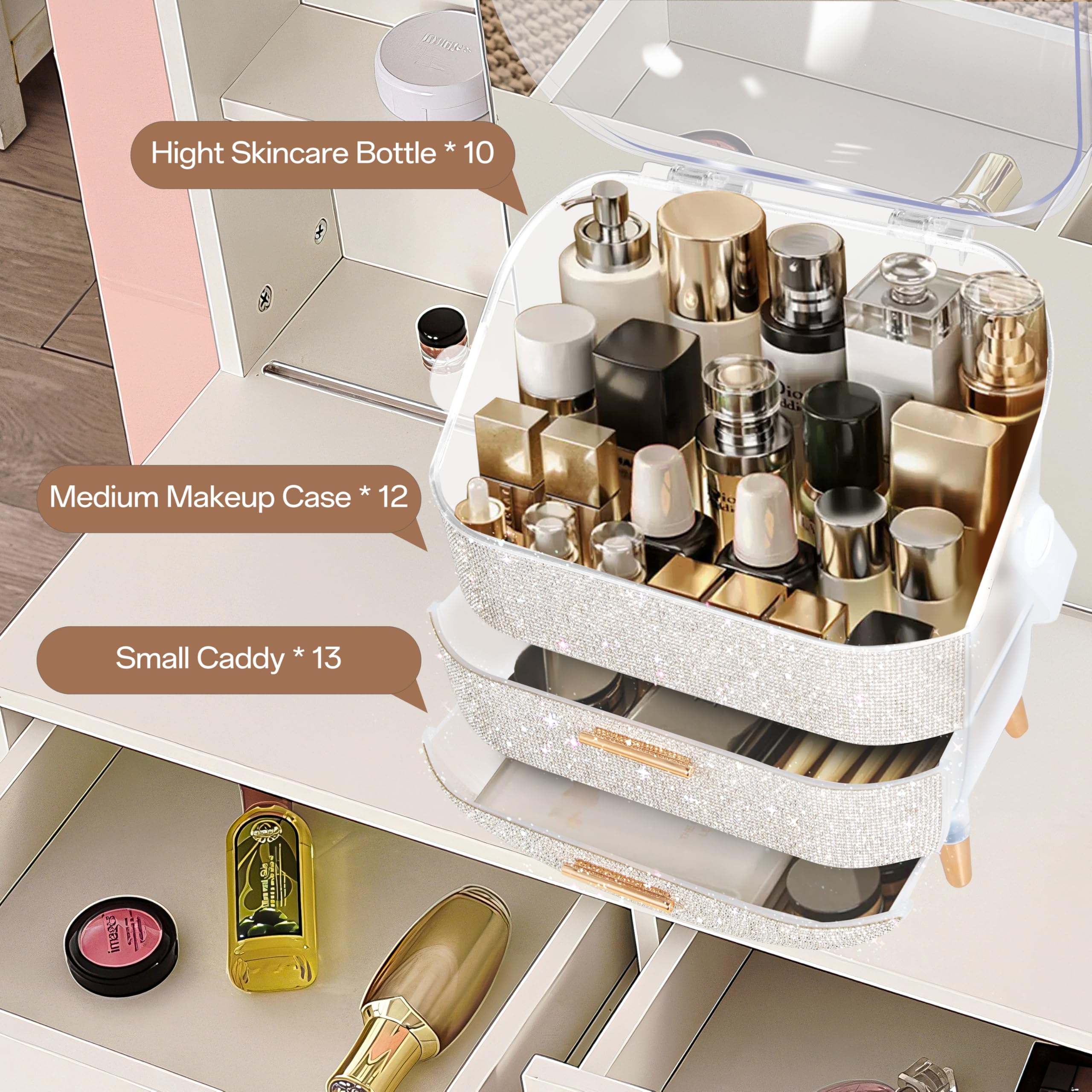 MASSY Egg Shape(Oval) Makeup Storage Box, Countertop Portable Vanity Cosmetics Organizer Preppy Style (Rhinestone)