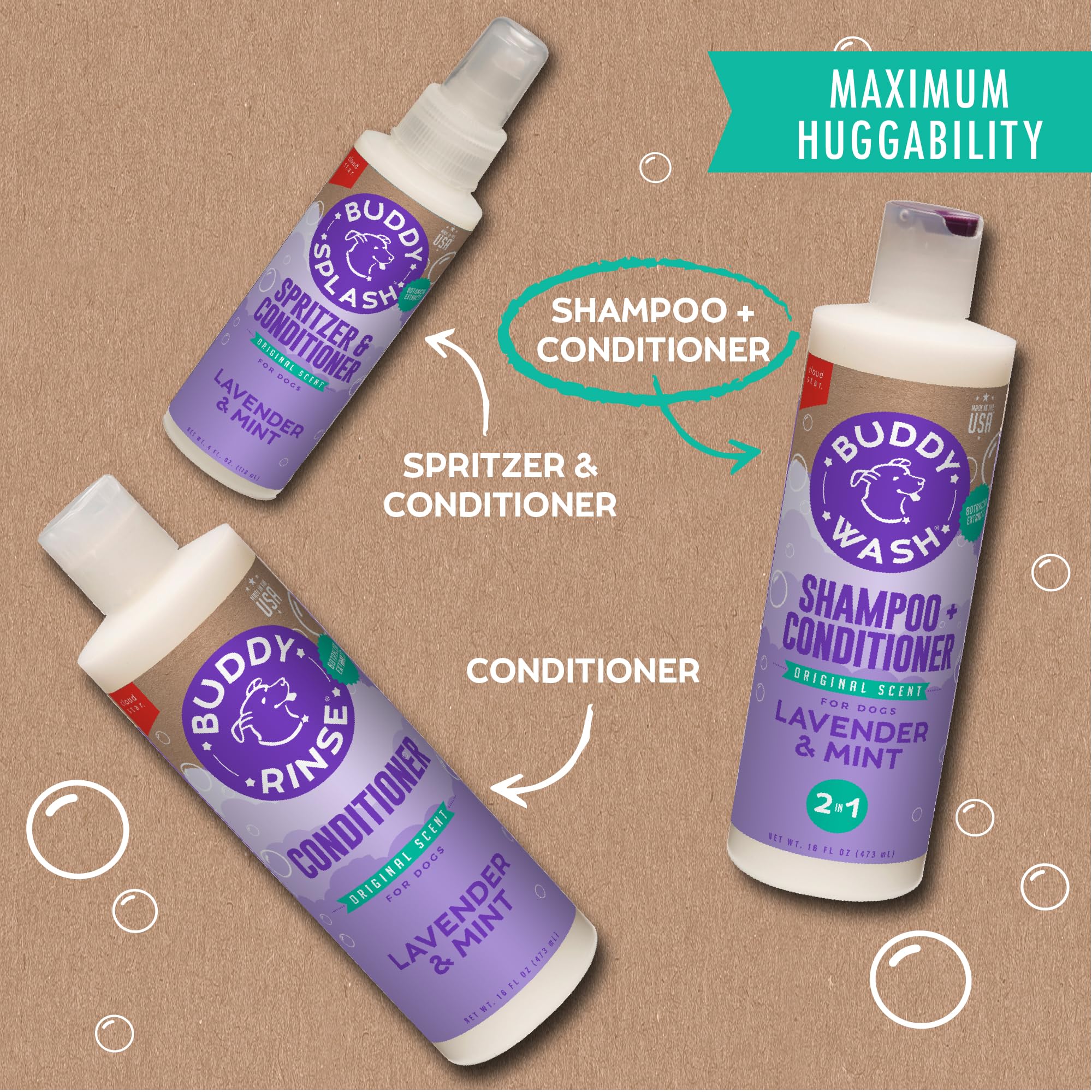 Buddy Wash 2-in-1 Dog Shampoo and Conditioner for Dog Grooming, Lavender & Mint, 1 gal. Bottle