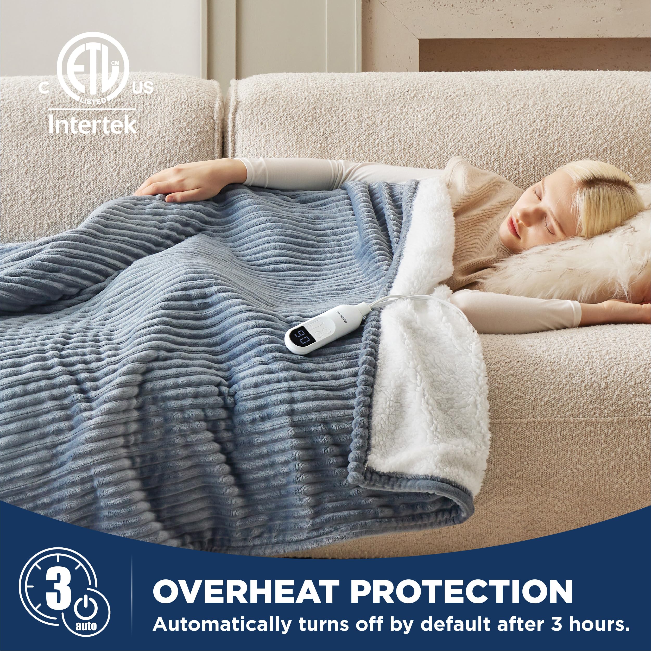 Bedsure Heated Blanket Electric Throw - Soft Ribbed Flannel Electric Blanket, Heating Blanket with 4 Time Settings, 6 Heat Settings & 3 hrs Timer Auto Shut Off, Gift for Grandma (50x60 inches, Grey)