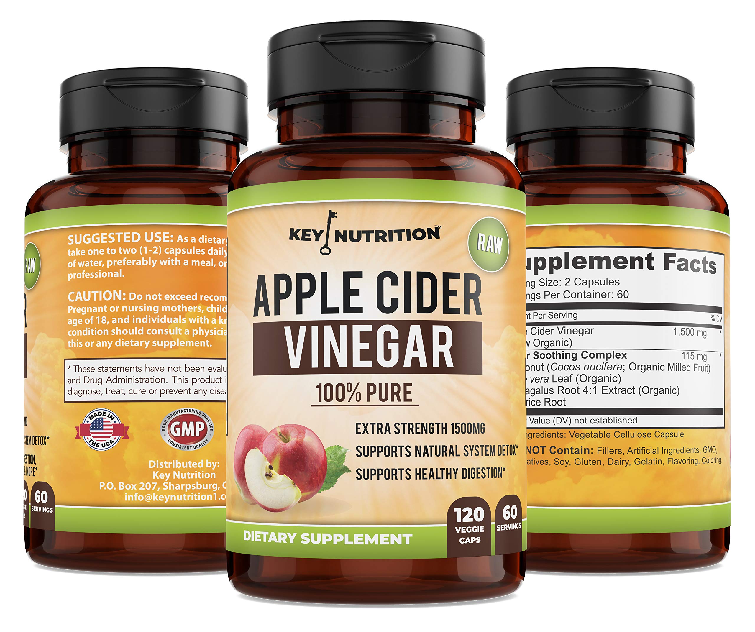 Key Nutrition Apple Cider Vinegar 1500mg, 100% Organic, Pure & Raw - Healthy Digestion & Detox Support - 60 Day Supply