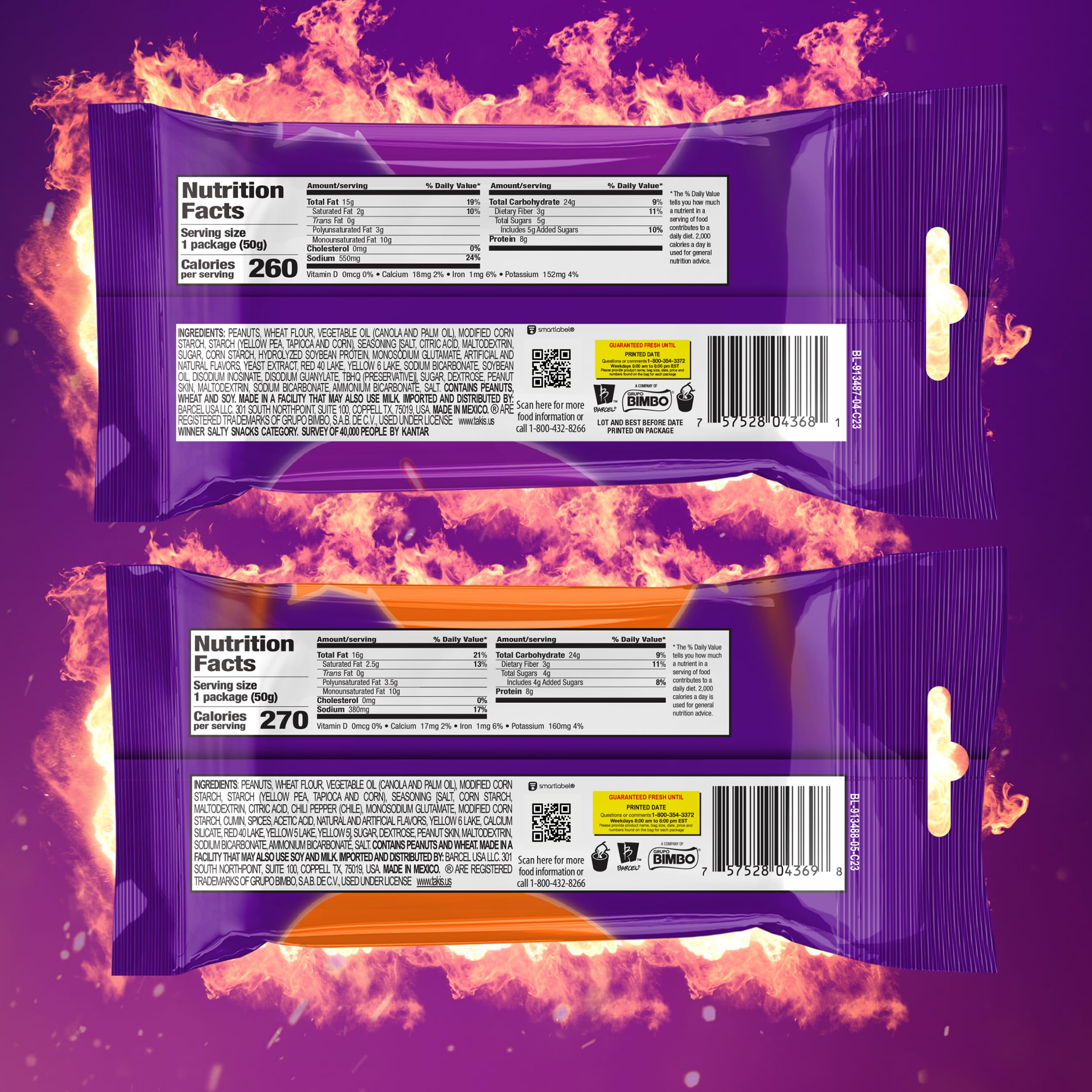 Takis Hot Nuts Fuego (12) and Flare (6) Double Crunch Spicy Peanuts, Hot Chili Pepper Lime and Chili Pepper Lime Flavored Peanuts Variety Pack, 18 Individual Bags, 1.75 Ounces Each