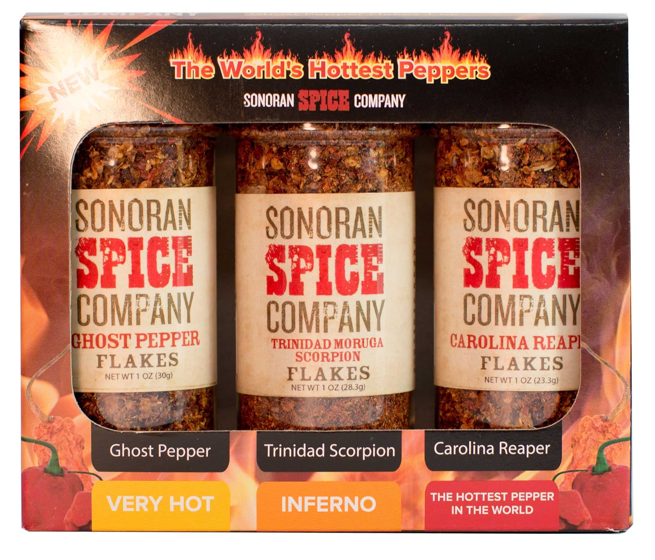 Sonoran Spice Carolina Reaper, Trinidad Scorpion, Ghost Pepper 1 Oz Flakes Gift Box