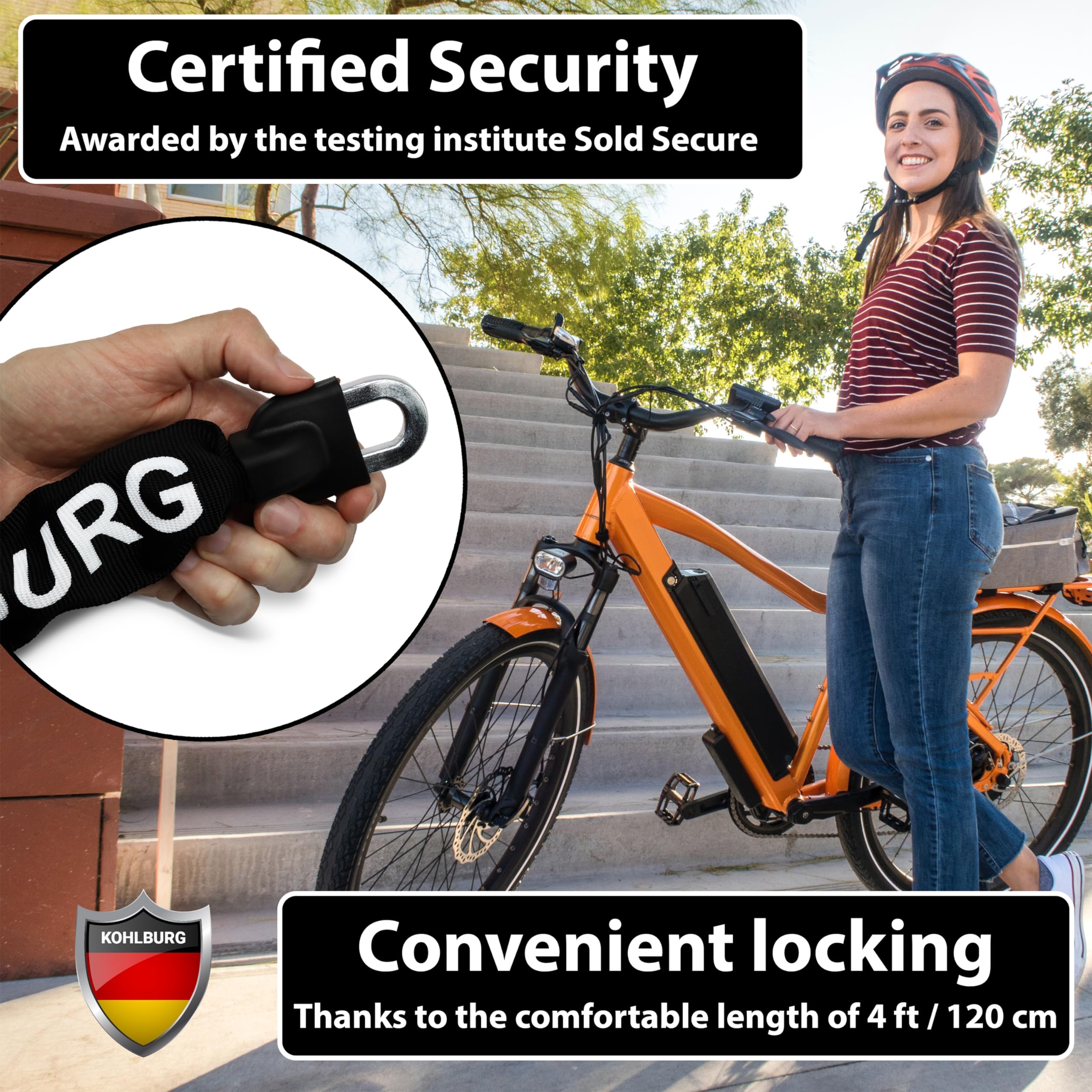 KOHLBURG Security Chain Lock – Sold Secure Gold – 4ft Long Bike Chain Lock with 4 Keys – Heavy Duty Bike Lock 0.33" – Bicycle Lock, Ebike Lock & Motorcycle Chain Lock – Motorbike & Scooter Anti Theft
