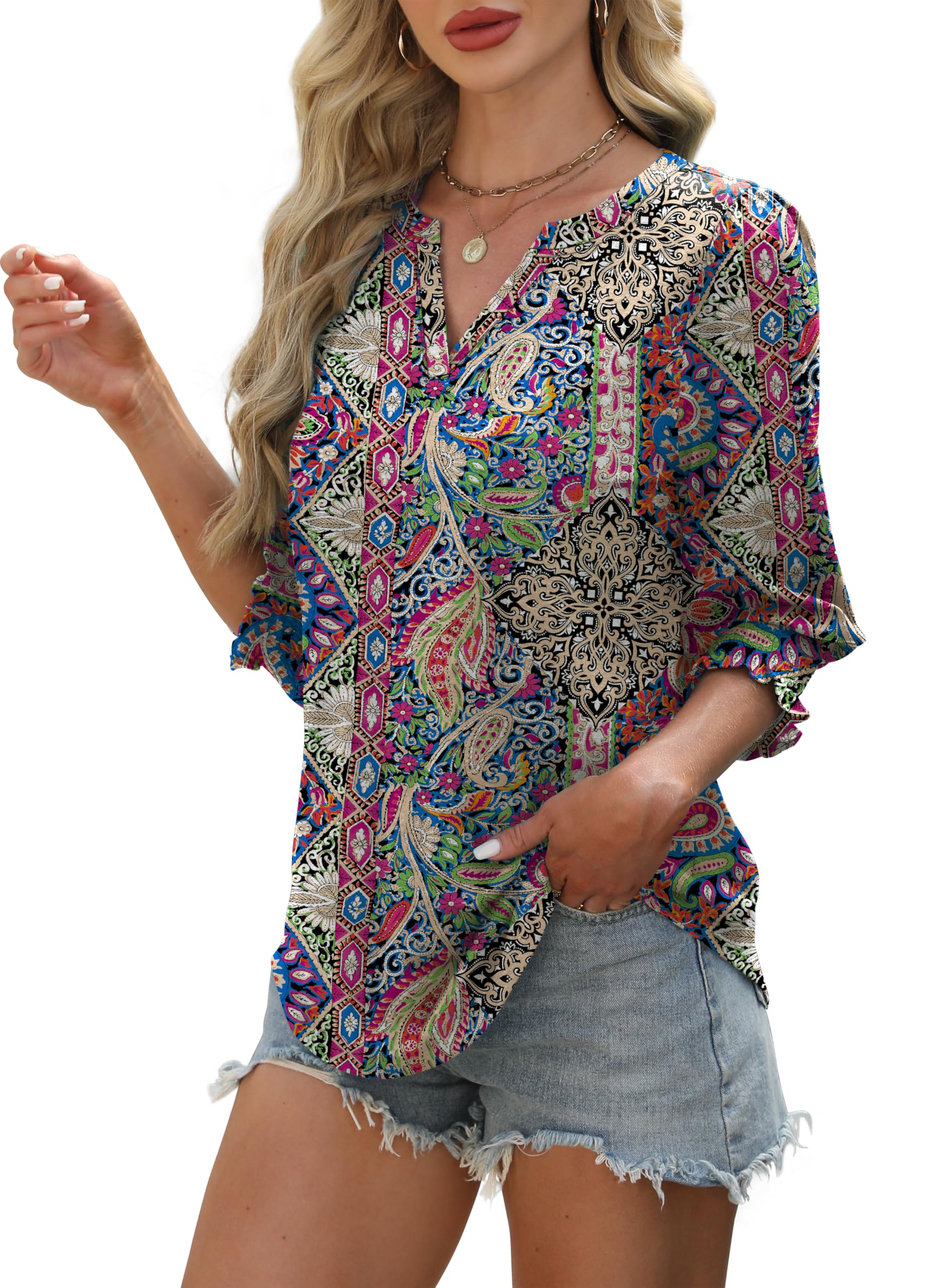 Womens Blouses Dressy Casual 3/4 Sleeve Summer Shirts for Women 2025 Trendy Tunic Tops for Women Loose Fit Dressy L