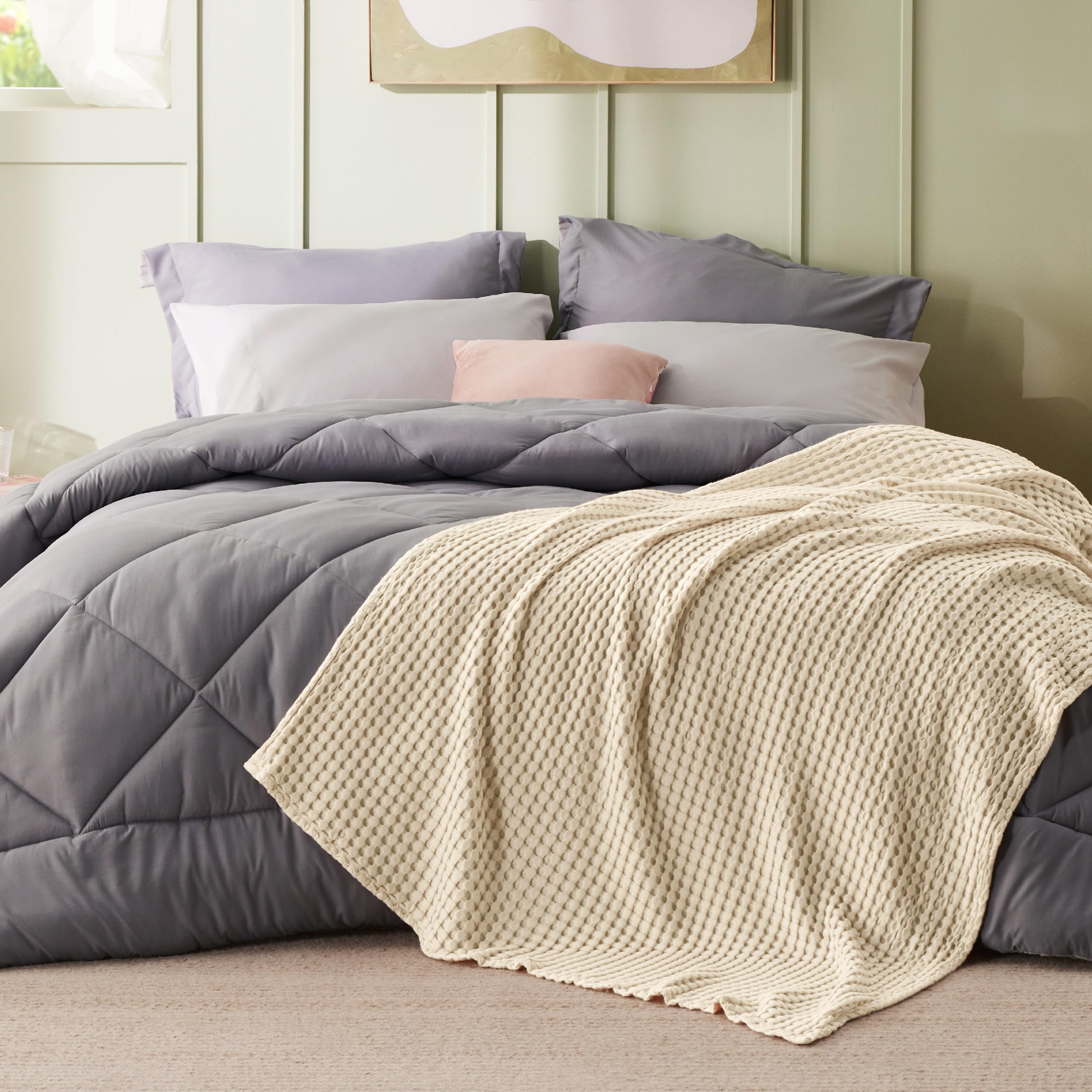 Bedsure Cooling Cotton Waffle Weave Blanket - Lightweight Breathable Blanket of Rayon Derived from Bamboo for Hot Sleepers, Luxury Throws for Bed, Couch and Sofa, Beige, 50x70 Inches