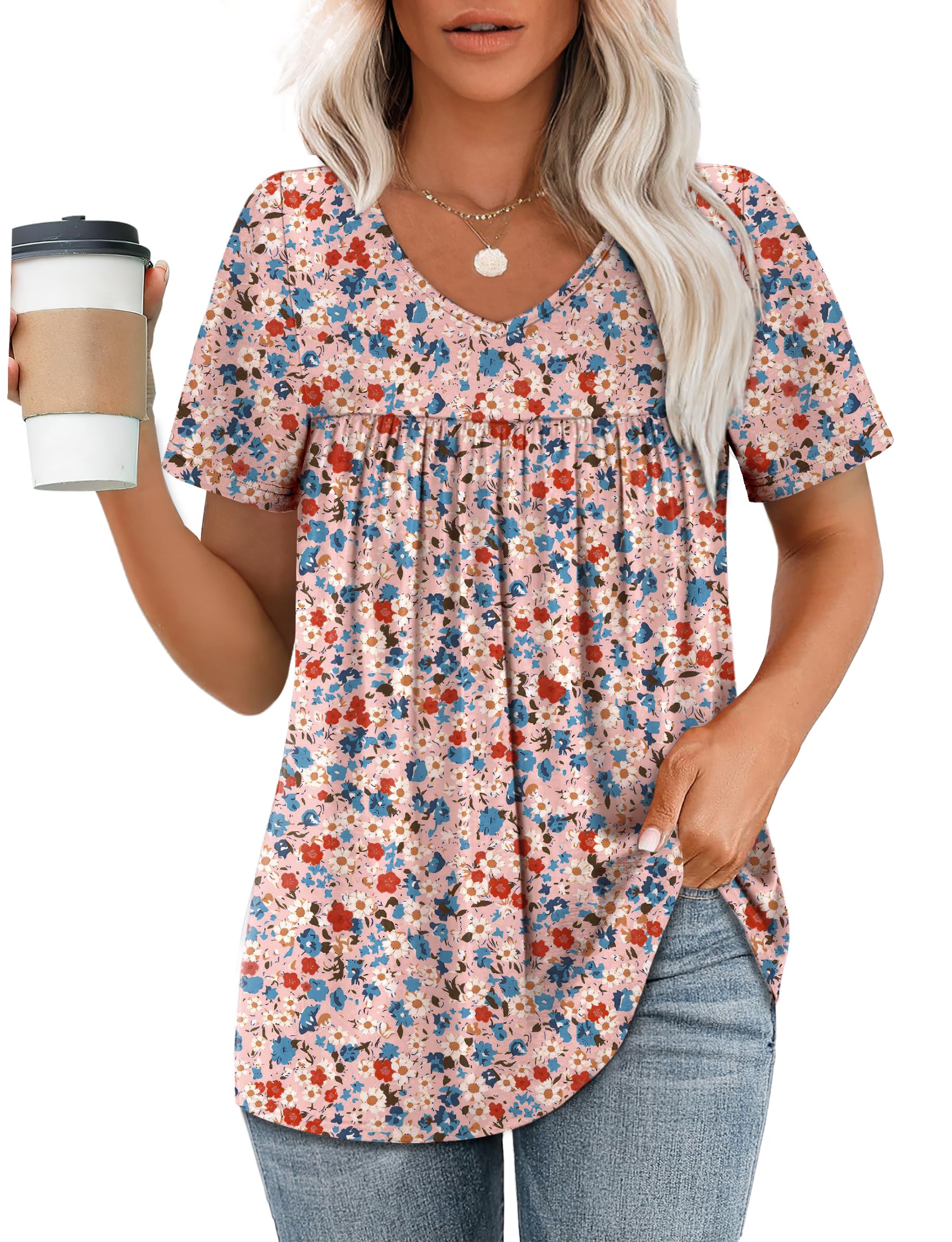 Tshirts Shirts for Women Floral Casual Summer Tops Trendy Short Sleeve V Neck Blouses Loose Fit Beach Vacation Clothes Resort Wear 2025 Pink L