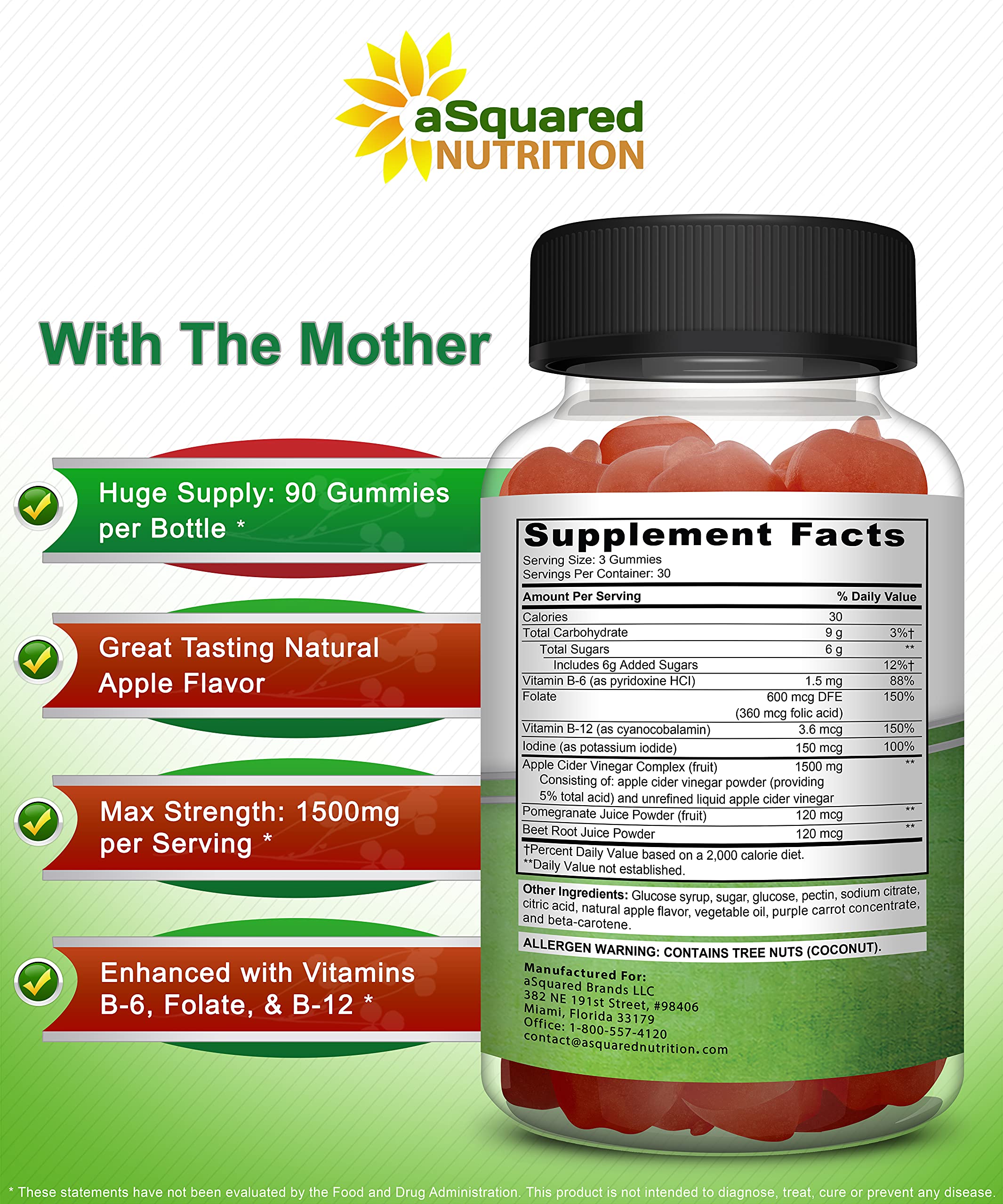 aSquared Nutrition Apple Cider Vinegar Gummies - 1500mg with The Mother - 90 ACV Gummies w/Vitamin B6 & B12, Folic Acid - Vegan Gummy Supplement Alternative to Capsules Pills & Drink