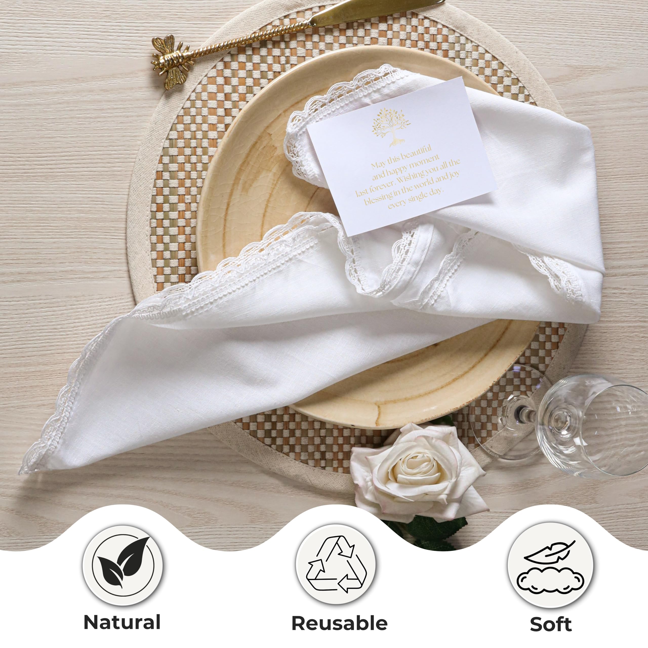Ramanta Home Cloth Dinner Napkins Set of 12 Cotton Flax Fabric with Lace 20x20 Inch - Washable Fall Colors Table Linen Napkin for Christmas, Thanksgiving, Wedding, Cocktails or Everyday Use - White