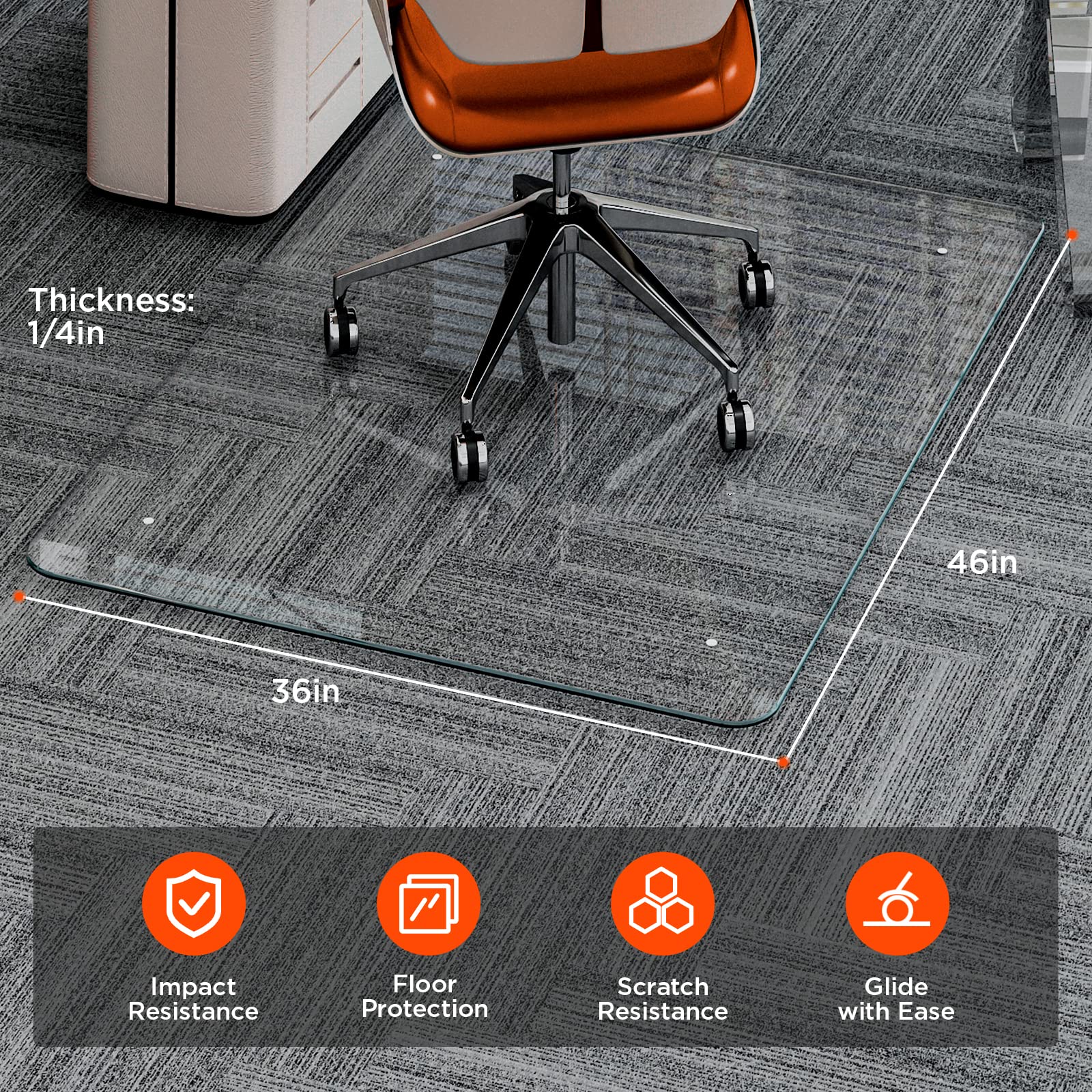 Glass Chair Mats for Carpeted or Hard Floors 1/4 inch Thick, 46"X36" Office Chair Mat for Carpet, Clear Tempered Glass Desk Chair Mat for Home/Office Floor, Transparent, Effortless Rolling