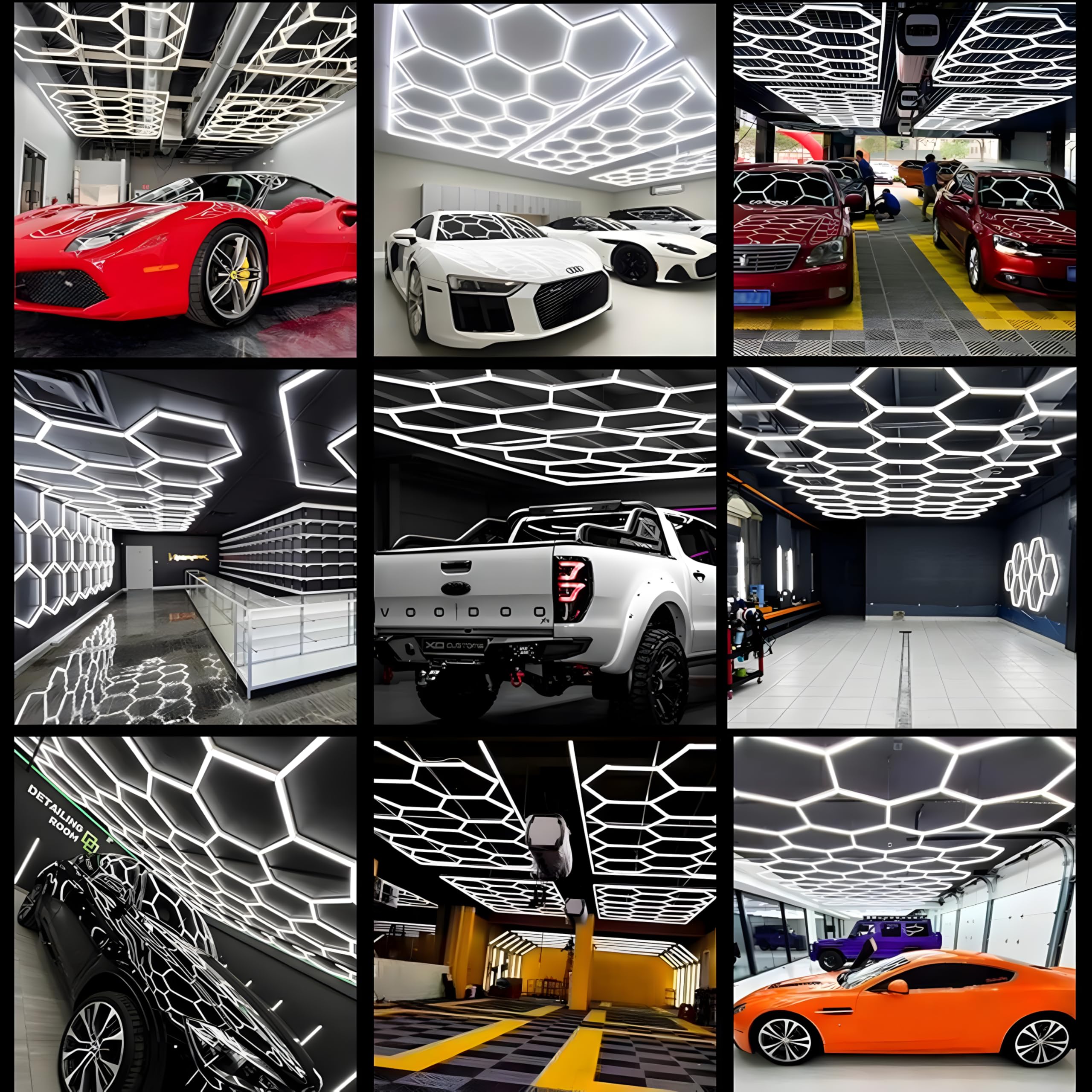 MUCLUD LED Hexagon Garage Light,Aluminum Frame Honeycomb Lights 8 Hexagon 380W 38800 Lumens Hexagon Garage Light with T5 Tube Rectangle 6000K for Garage,Auto Car Detailing Shop (35 Lights)