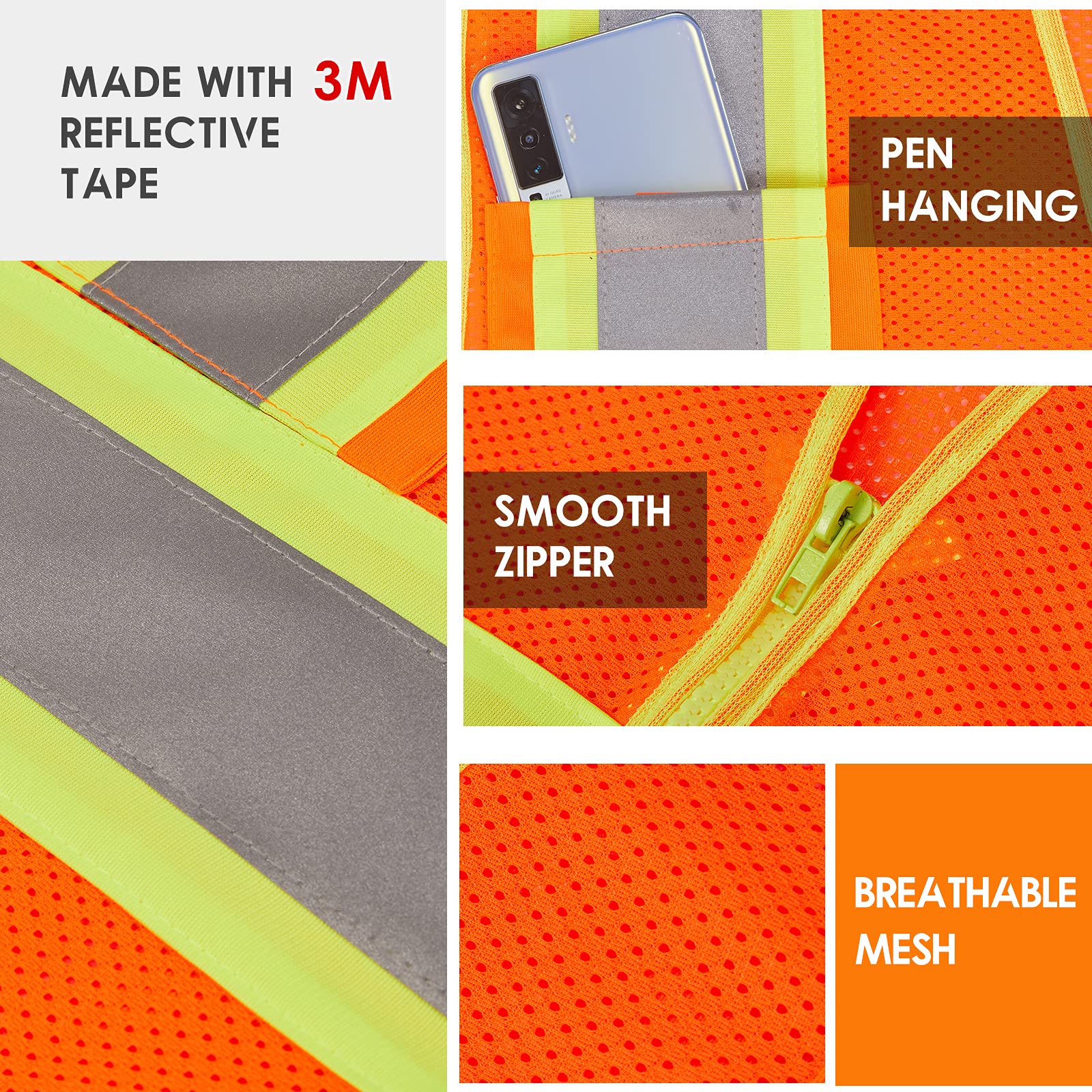 SULWZM 3M High Visibility Reflective Safety Vest with Zipper and Pockets Orange,M