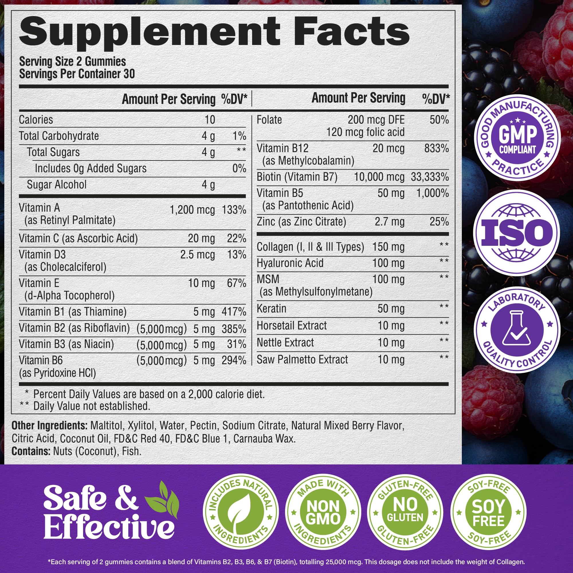 Biotin Gummies with Collagen - Hair Growth Support Skin, & Nail Strength - for Women & Men - Biotin 10000mcg | Keratin | Hyaluronic Acid | B-Complex | Saw Palmetto - Sugar-Free, Mixed Berry - 60 Gummy