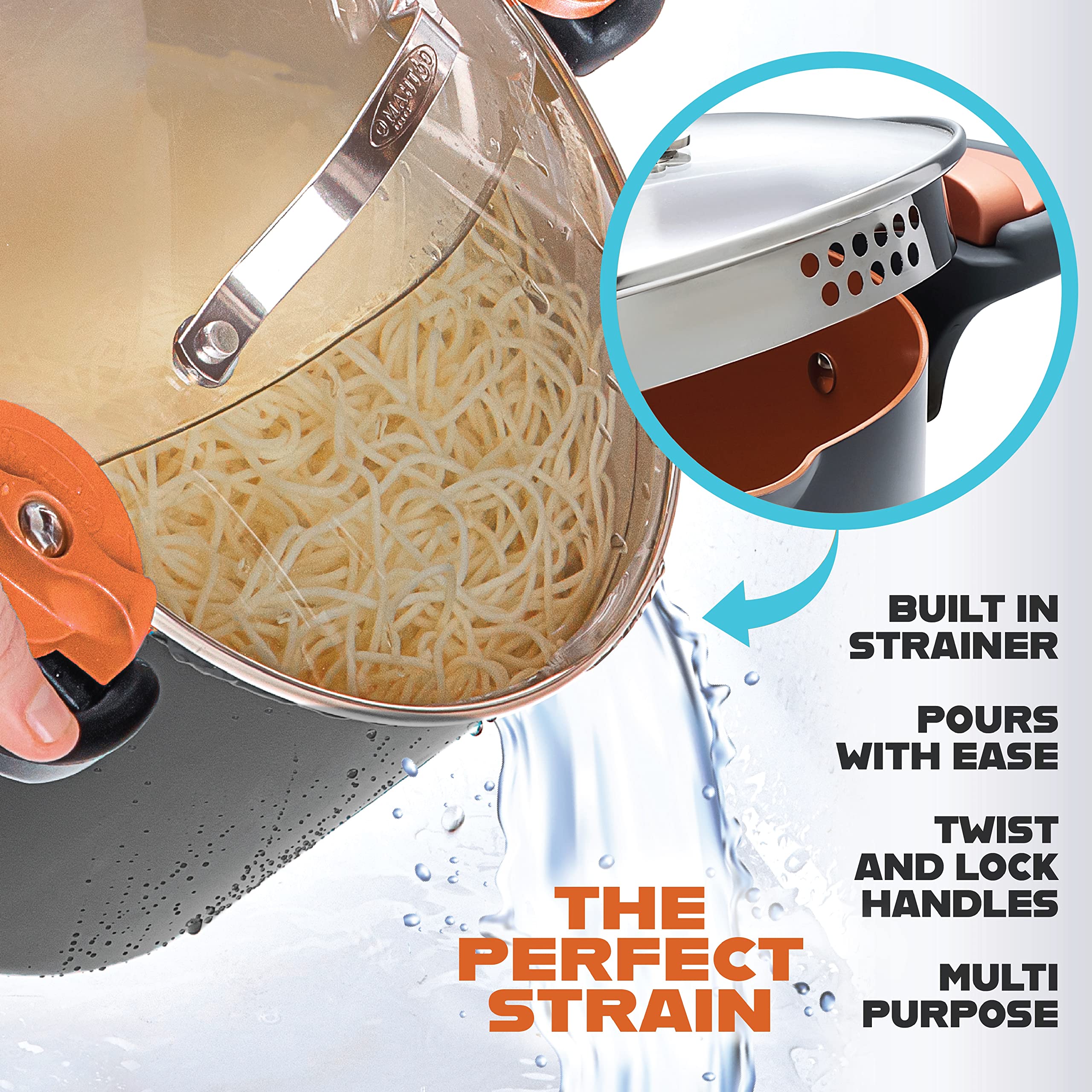 GOTHAM STEEL 5 Qt Ceramic Stock Pot Multipurpose Pasta Pot with Strainer Lid & Twist and Lock Handles, Nonstick Ceramic Pot for Soup, Spaghetti, Rice, Pots for Kitchen, Dishwasher Safe - Copper