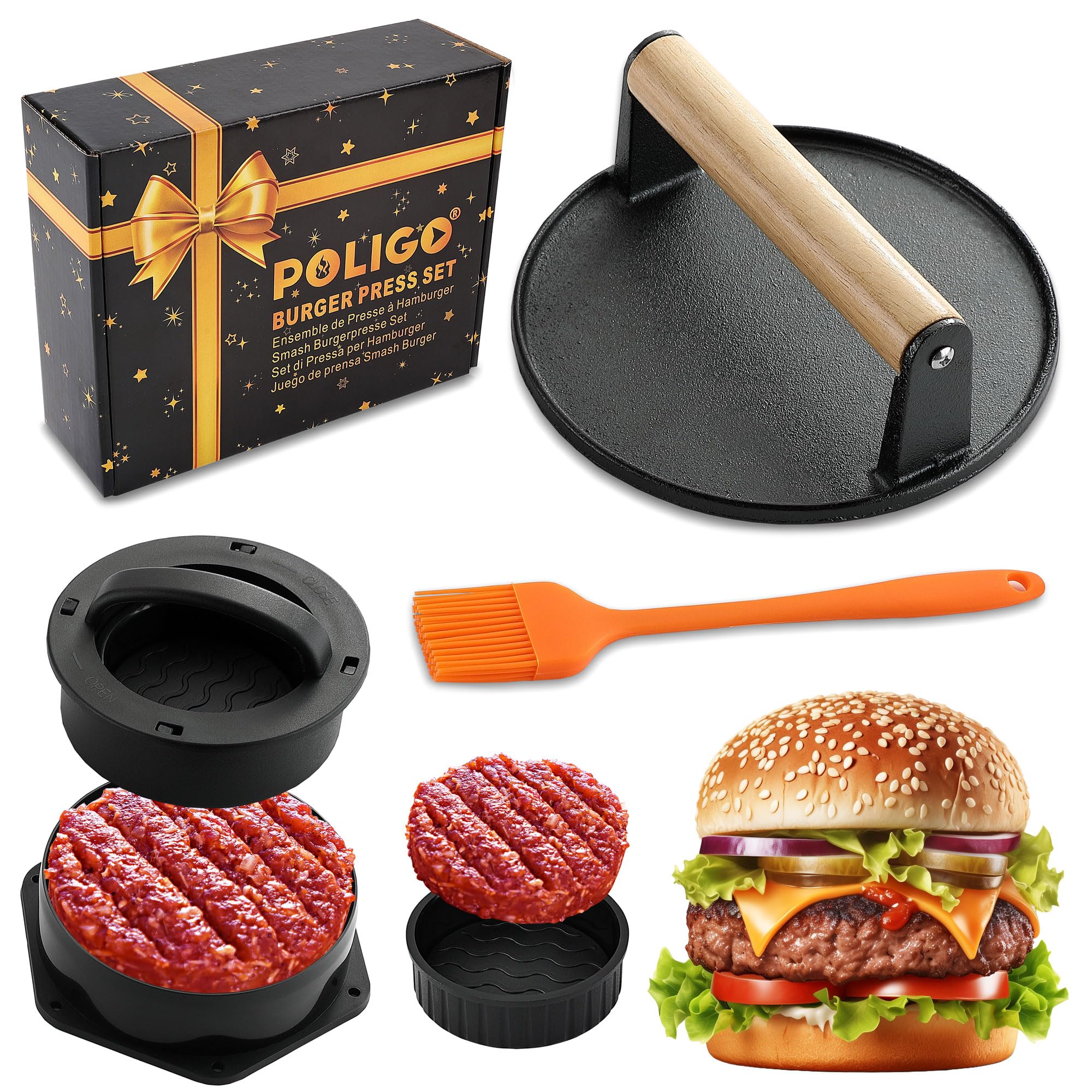 POLIGO Smash Burger Press Kit - 4 in 1 Hamburger Patty Storage Containers, 6.69" Cast Iron Smash Bacon Press - Non Stick Smash Burger Press Set for Grill and Griddle Cooking, Round