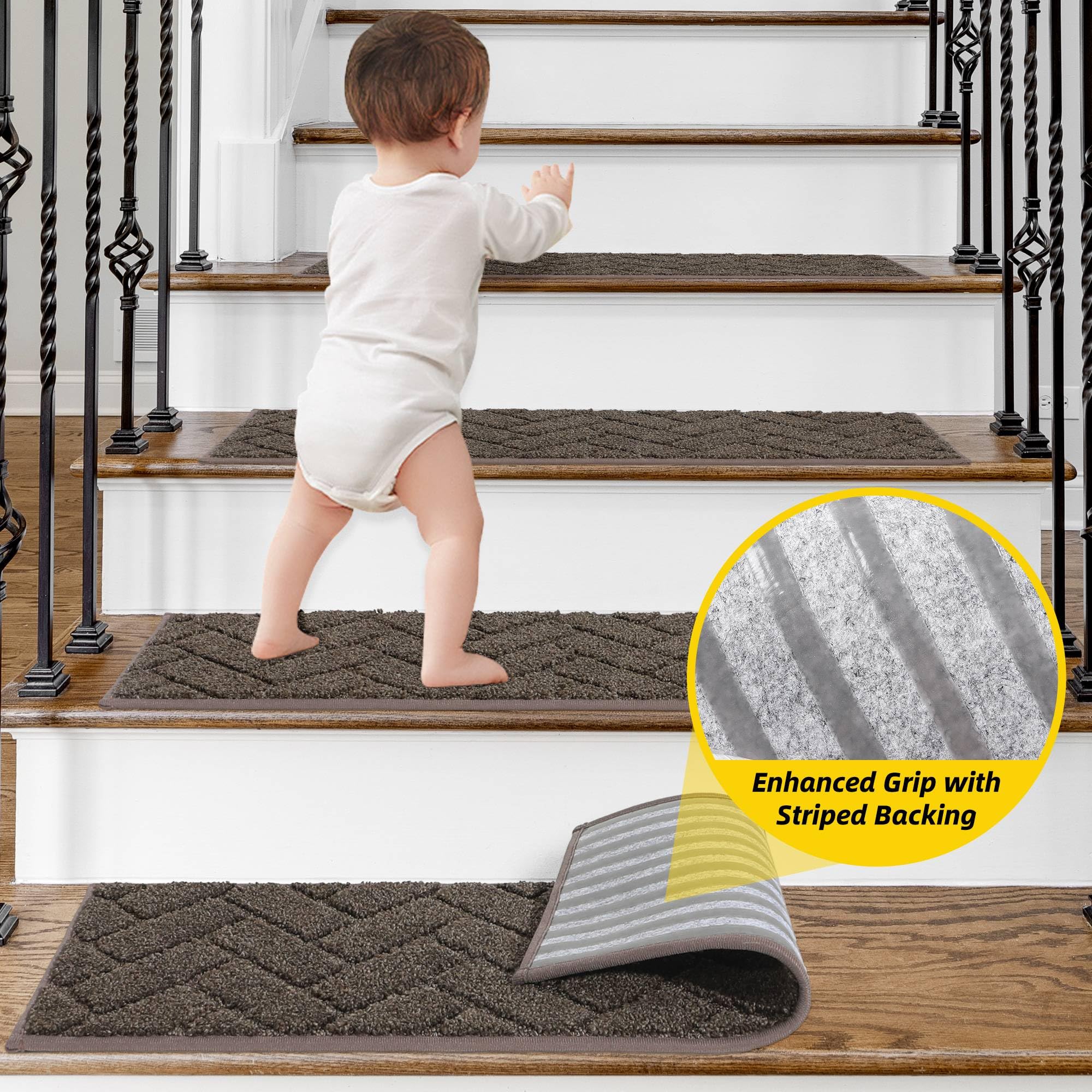 Non-Slip Stair Treads for Wooden Steps Indoor, 4 Pack 9" X 28" Edging Stair Runner with TPE Backing, 0.4" Thick Stair Rugs for Kids Elders & Pets, 100% Polyester Soft Carpet Stair Mats, Brown