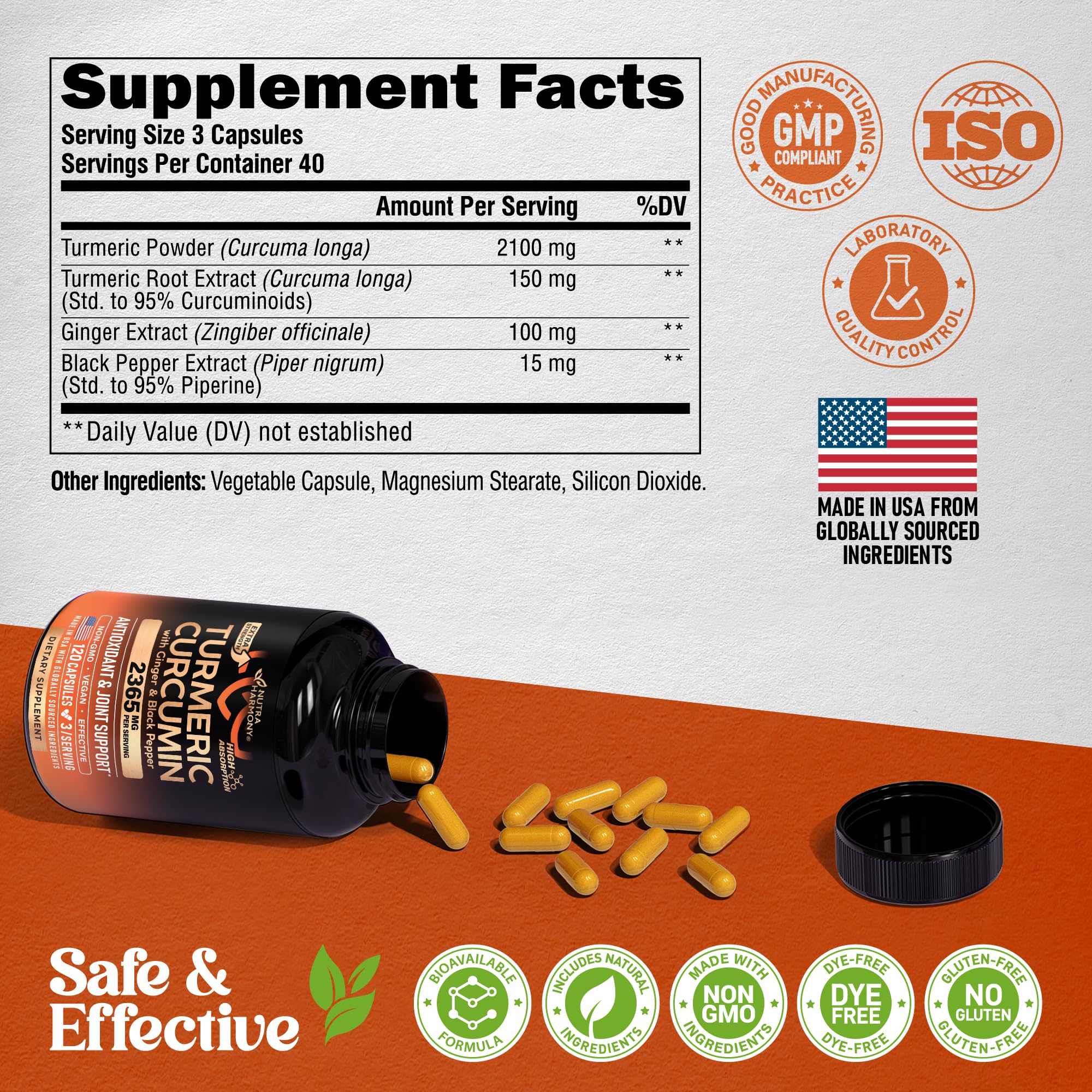 Turmeric Curcumin Supplement 2365 mg - Turmeric with Ginger & Black Pepper - Highly Bioavailable & Extra Strength 95% Curcuminoids - Antioxidant, Immunity & Joint Support - Made in USA - 120 Capsules