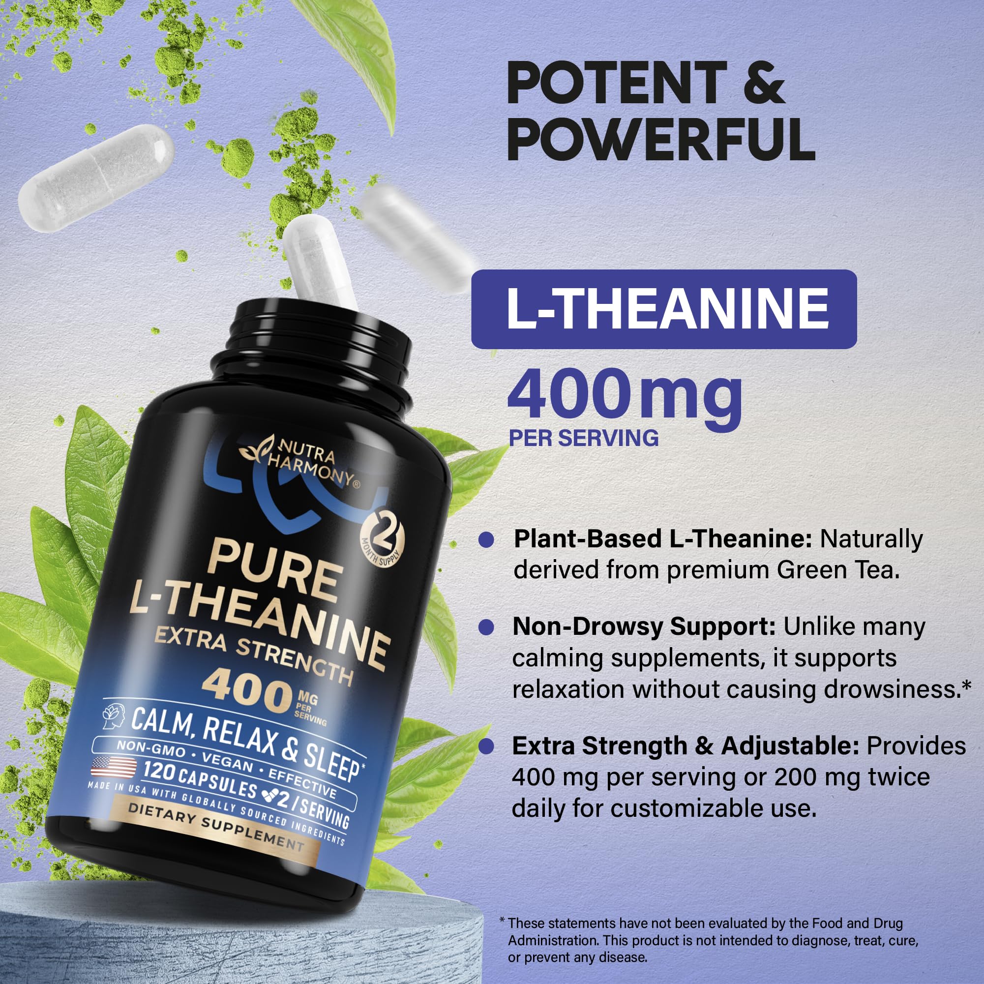 L Theanine 400 mg | L-Theanine Stress Relief | Extra Strength Supplement | Made in USA | Relaxation, Sleep & Calm Support | For Men & Women | Plant Based, Non-GMO & Gluten-Free | 120 Vegan Capsules