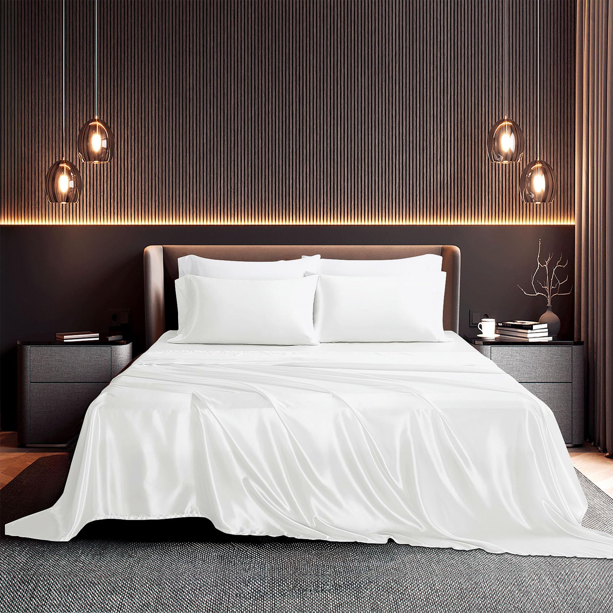Seasonwood White Satin Sheets King Size 4 Pieces White Bed Set with 2 Pillowcase 20"x40" Microfiber